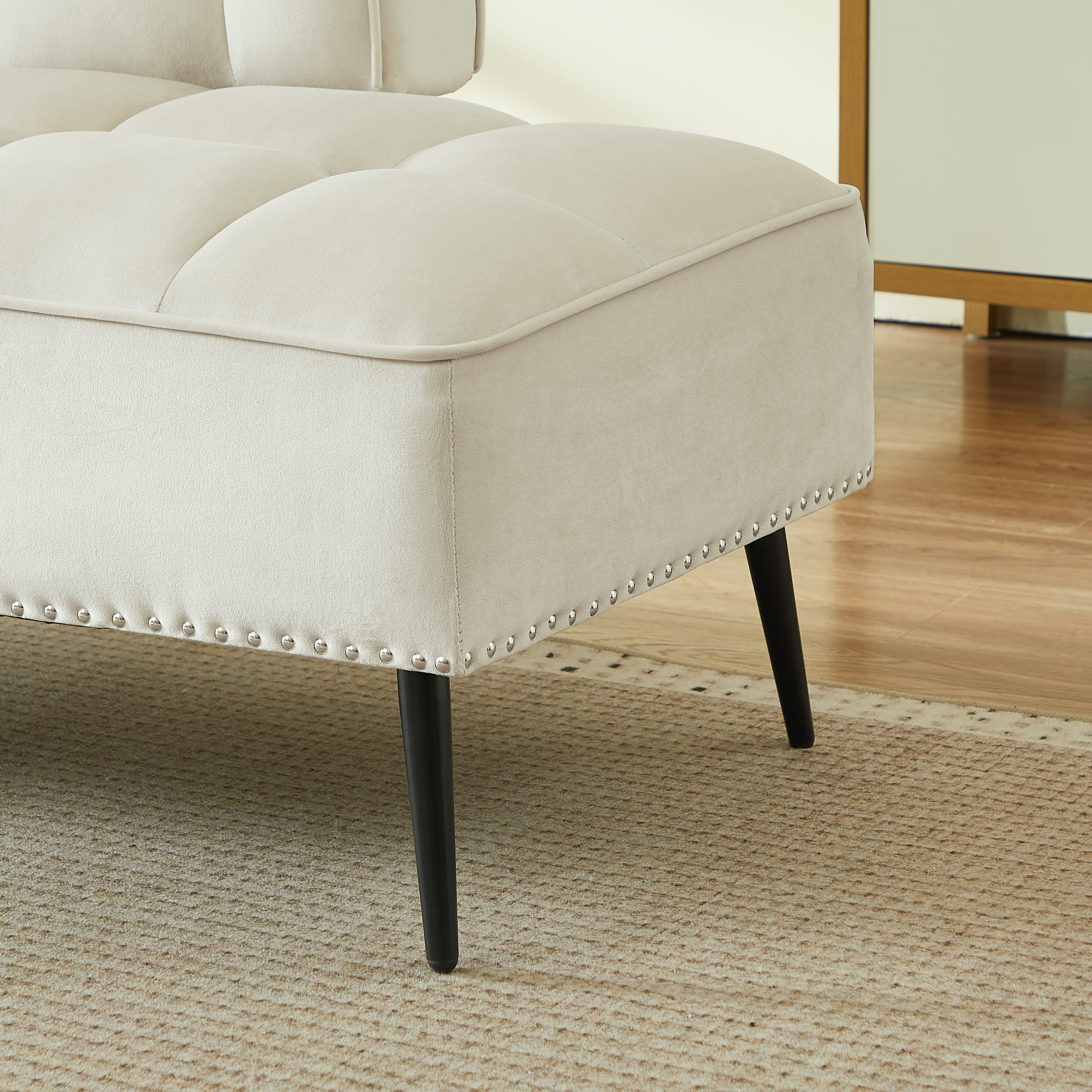 54-Inch Modern Two-Seater Velvet Sofa With Backrest & 360 Rotating Side Table - Includes Bench And Ottoman, Plush Cushions, Space-Saving Design For Living Room, Bedroom, Apartment Beige view 2