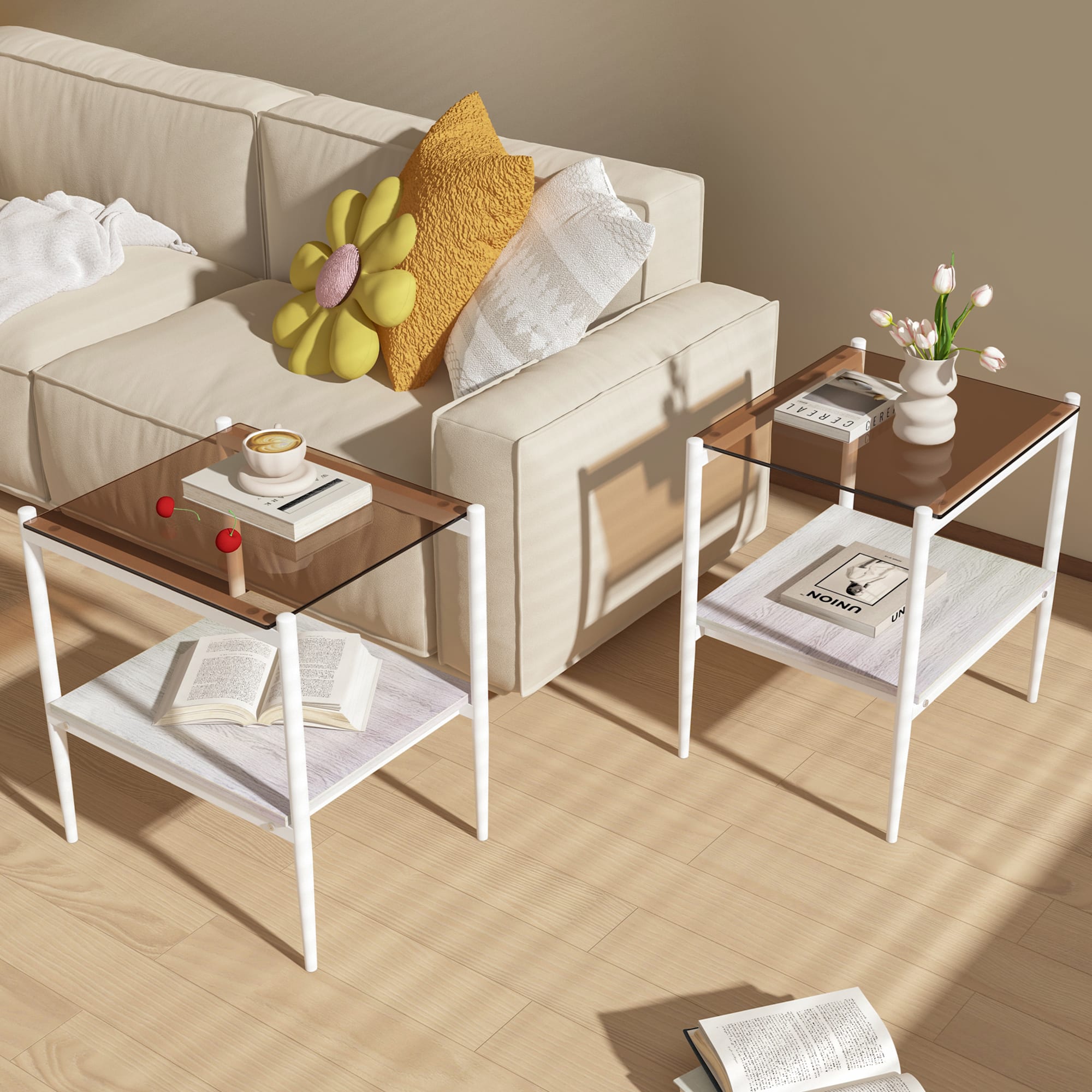 Set Of 2 Rectangle End Table, Tempered Glass Tabletop With MDF Layer, Modern Table For Living Room , Brown Glass
