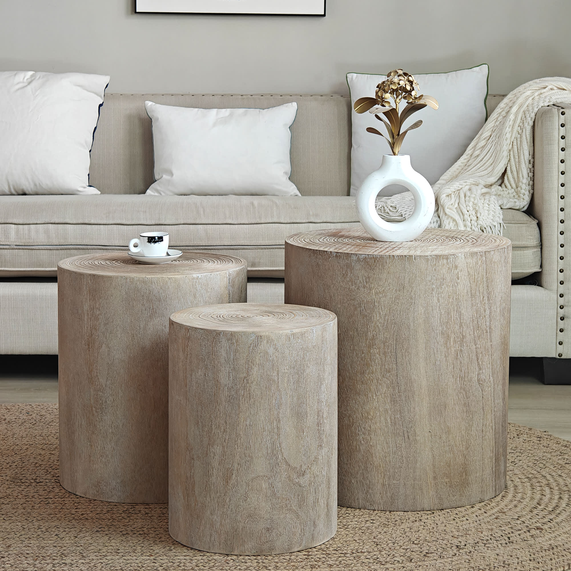 Set Of 3, Rounded Wood Coffee Tables, End Tables, Plant Stands,Decorative Accent Pieces - Rustic Wood Finish view 4