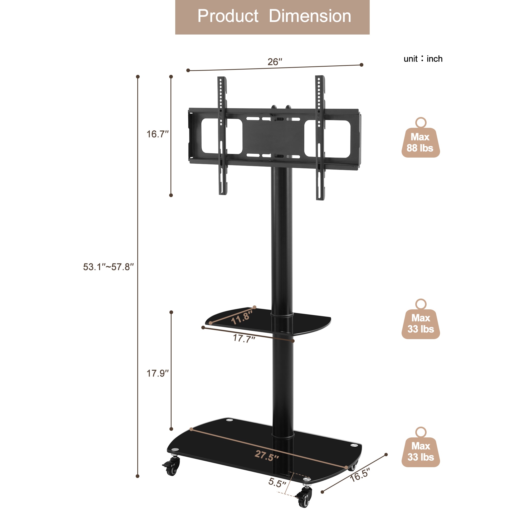 Height And Angle Adjustable Multi-Function Tempered Glass Metal Frame Floor With Lockable Wheels Mobile TV Stand, LCD Plasma TV Bracket  2 Tier Tempered Glass Shelves For Multiple Media Devices view 4