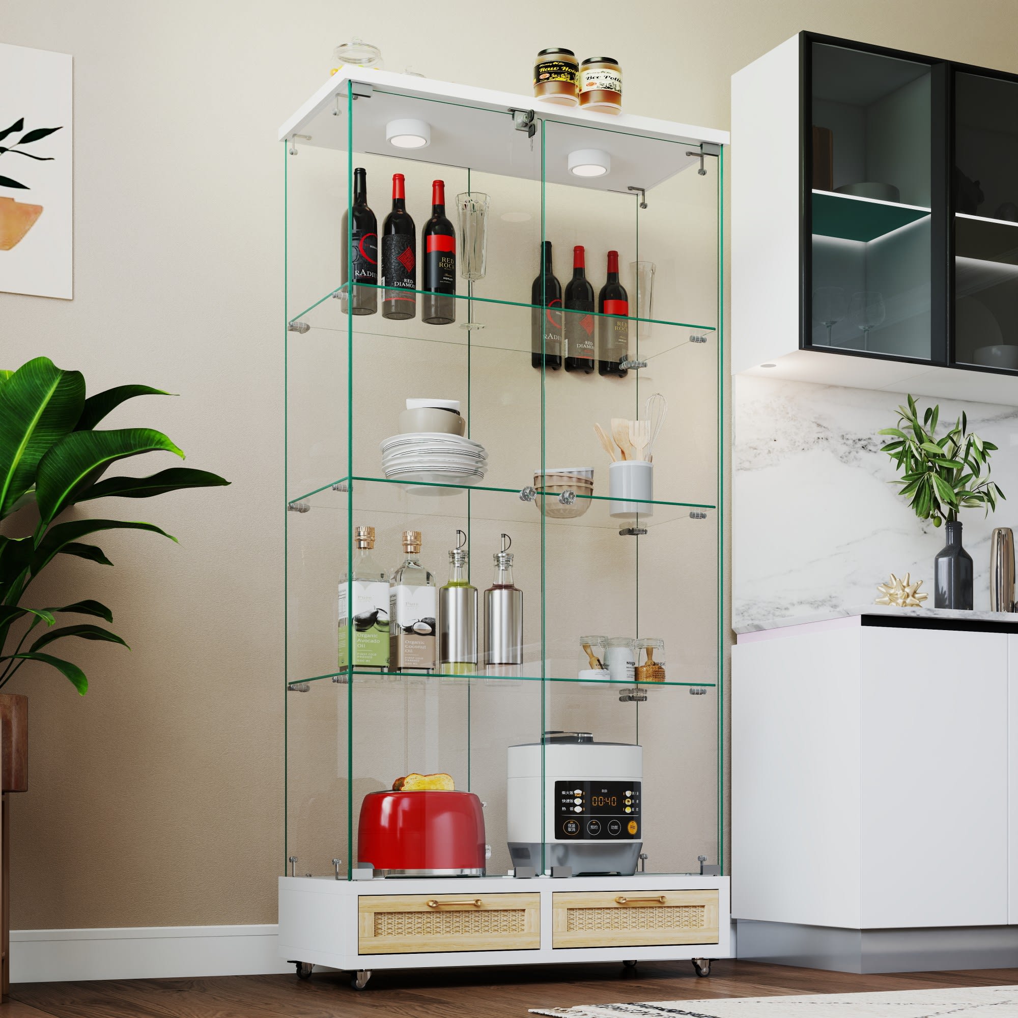 Modern Glass Display Cabinet With Large Drawers,Quick-assembly Antique Cabinet With LED Lights,empered Glass Bookshelf,2-Door Storage Case With 4 Shelves For Living Room And Bedroom,white And Natural view 5