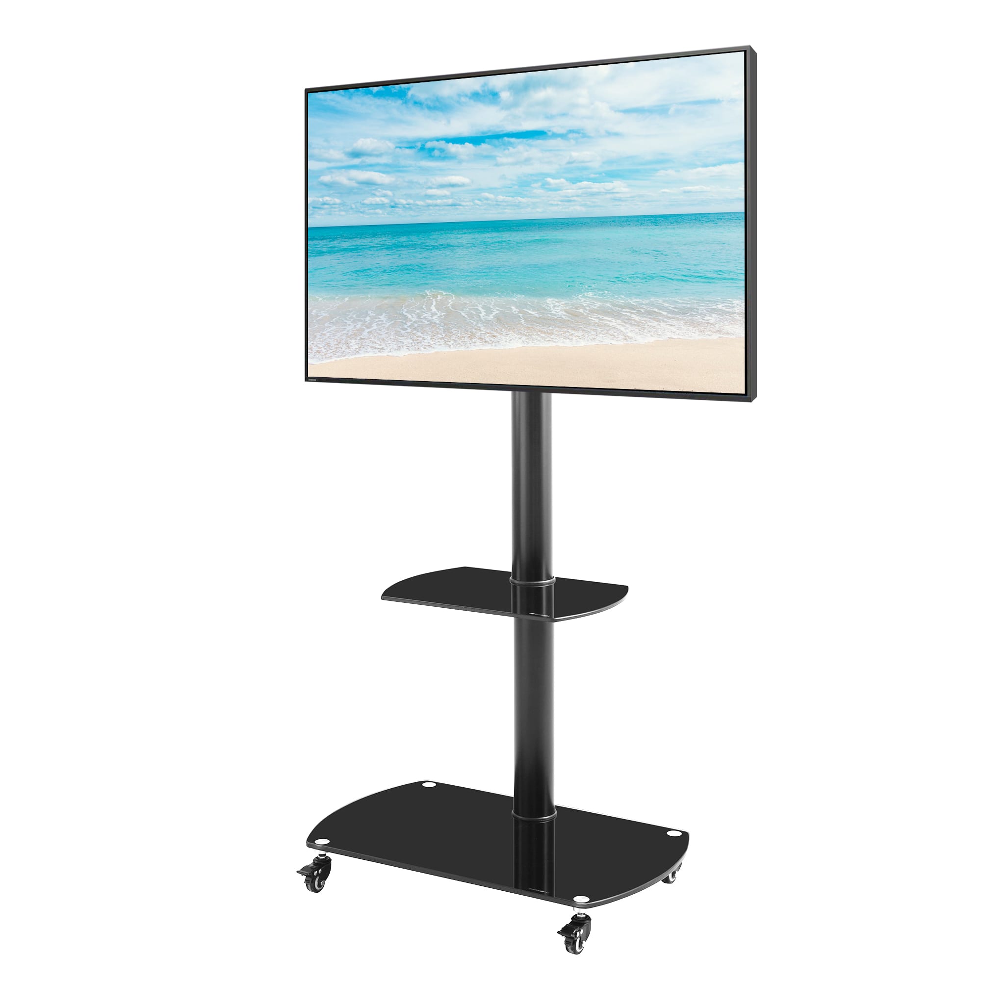 Height And Angle Adjustable Multi-Function Tempered Glass Metal Frame Floor With Lockable Wheels Mobile TV Stand, LCD Plasma TV Bracket  2 Tier Tempered Glass Shelves For Multiple Media Devices view 5