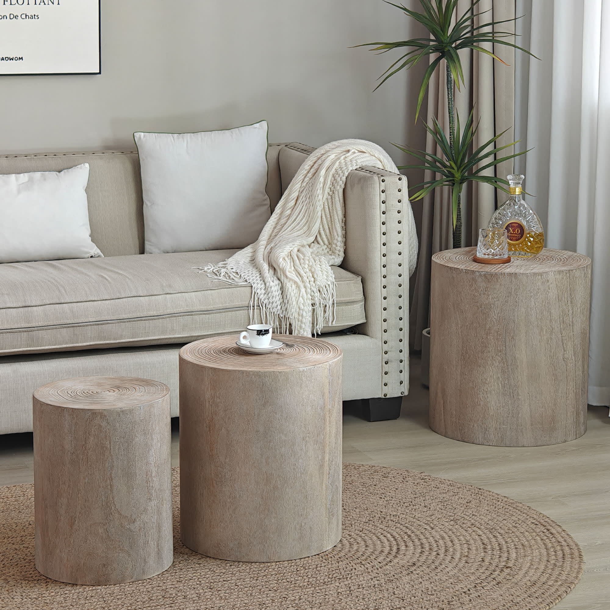 Set Of 3, Rounded Wood Coffee Tables, End Tables, Plant Stands,Decorative Accent Pieces - Rustic Wood Finish view 5