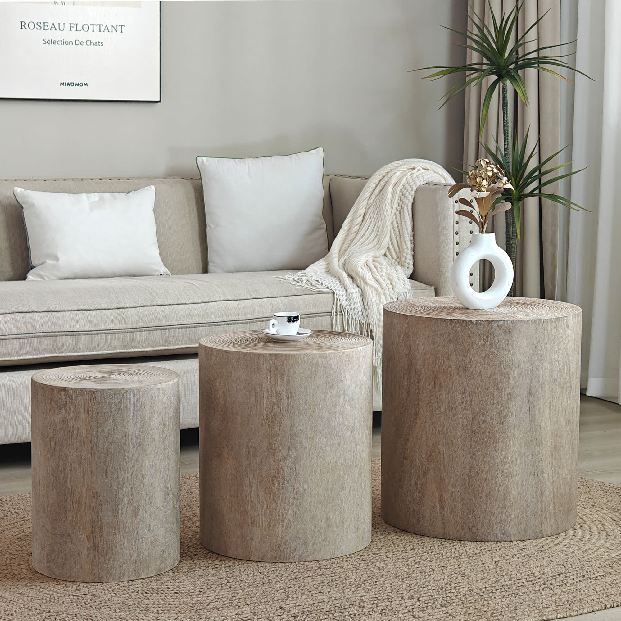 Set Of 3, Rounded Wood Coffee Tables, End Tables, Plant Stands,Decorative Accent Pieces - Rustic Wood Finish view 3