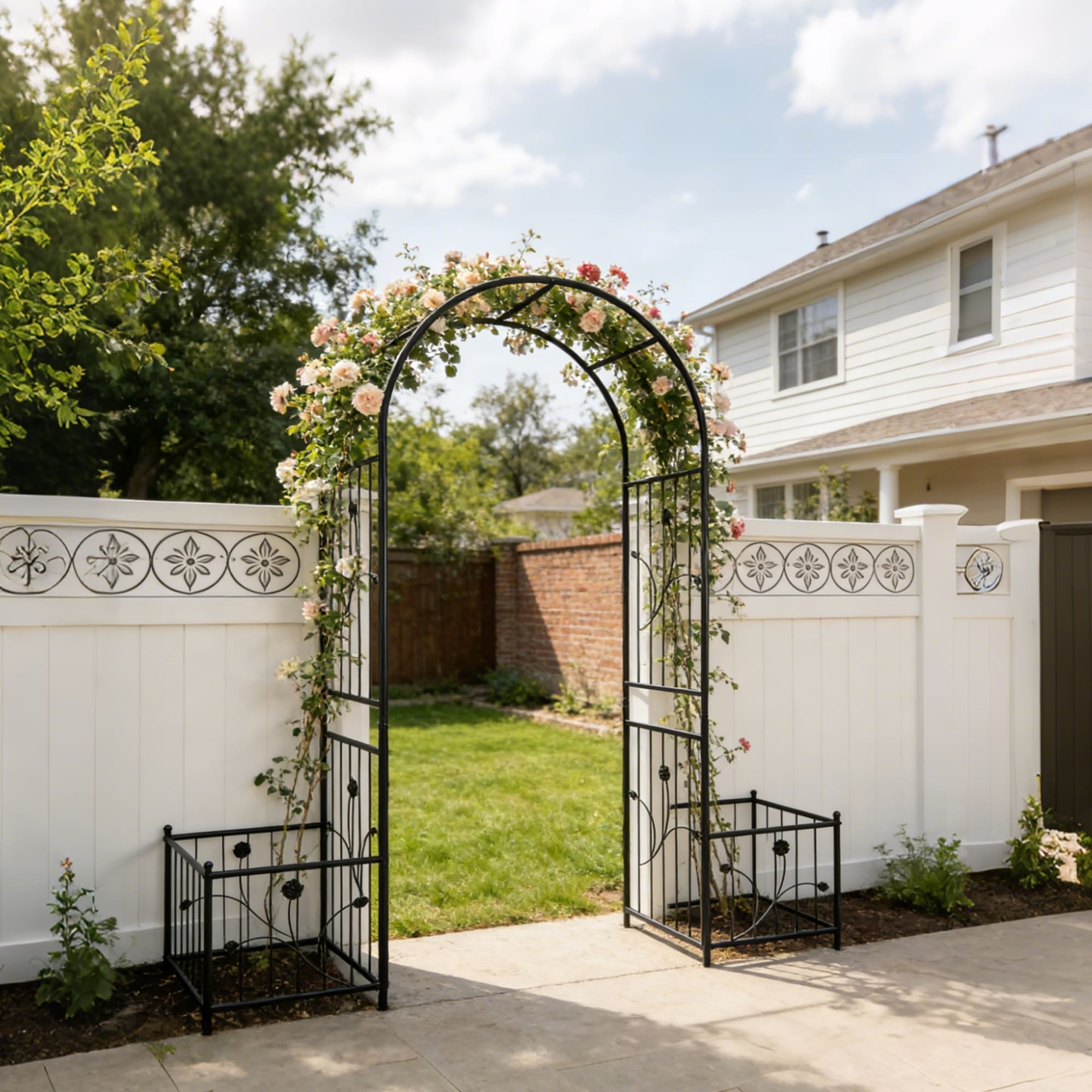 Metal Garden Arch With Two Plant Stands 79.5  Wide X 86.6  High Climbing Plants Support Rose Arch Outdoor Black view 1