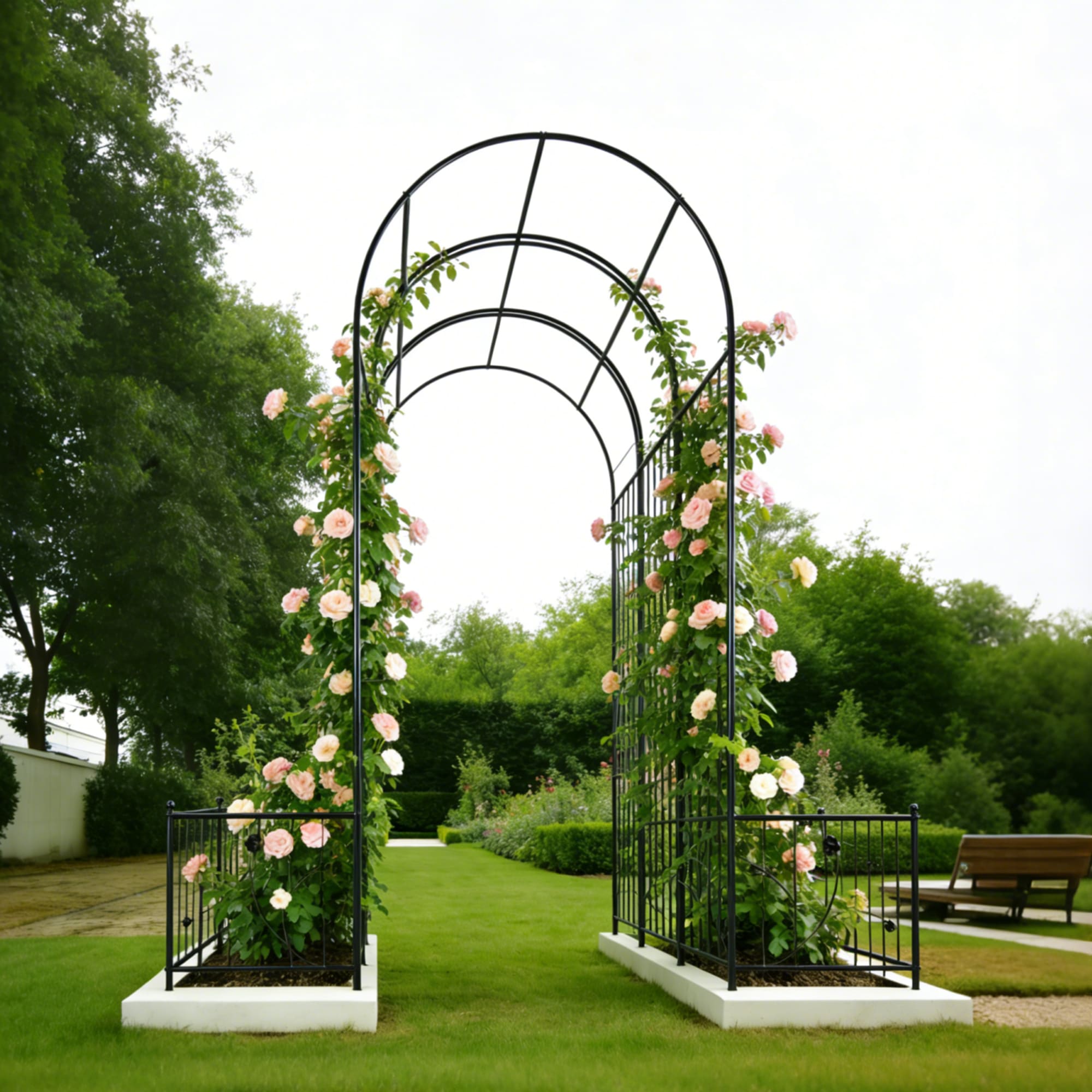 Metal Garden Arch With Two Plant Stands 79.5  Wide X 86.6  High Climbing Plants Support Rose Arch Outdoor Black view 2