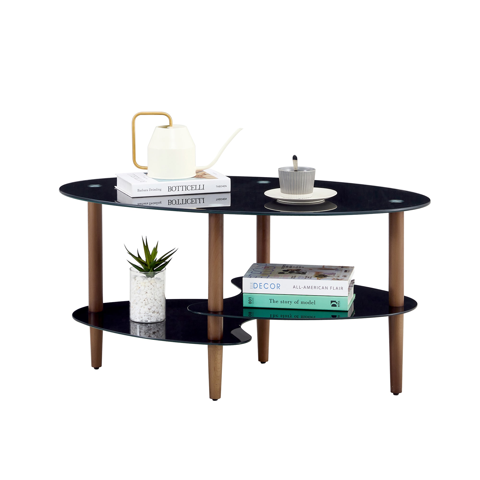 Black Oval Glass Coffee Table, Modern Table In Living Room Oak Wood Leg Tea Table 3-layer Tempered Glass Table