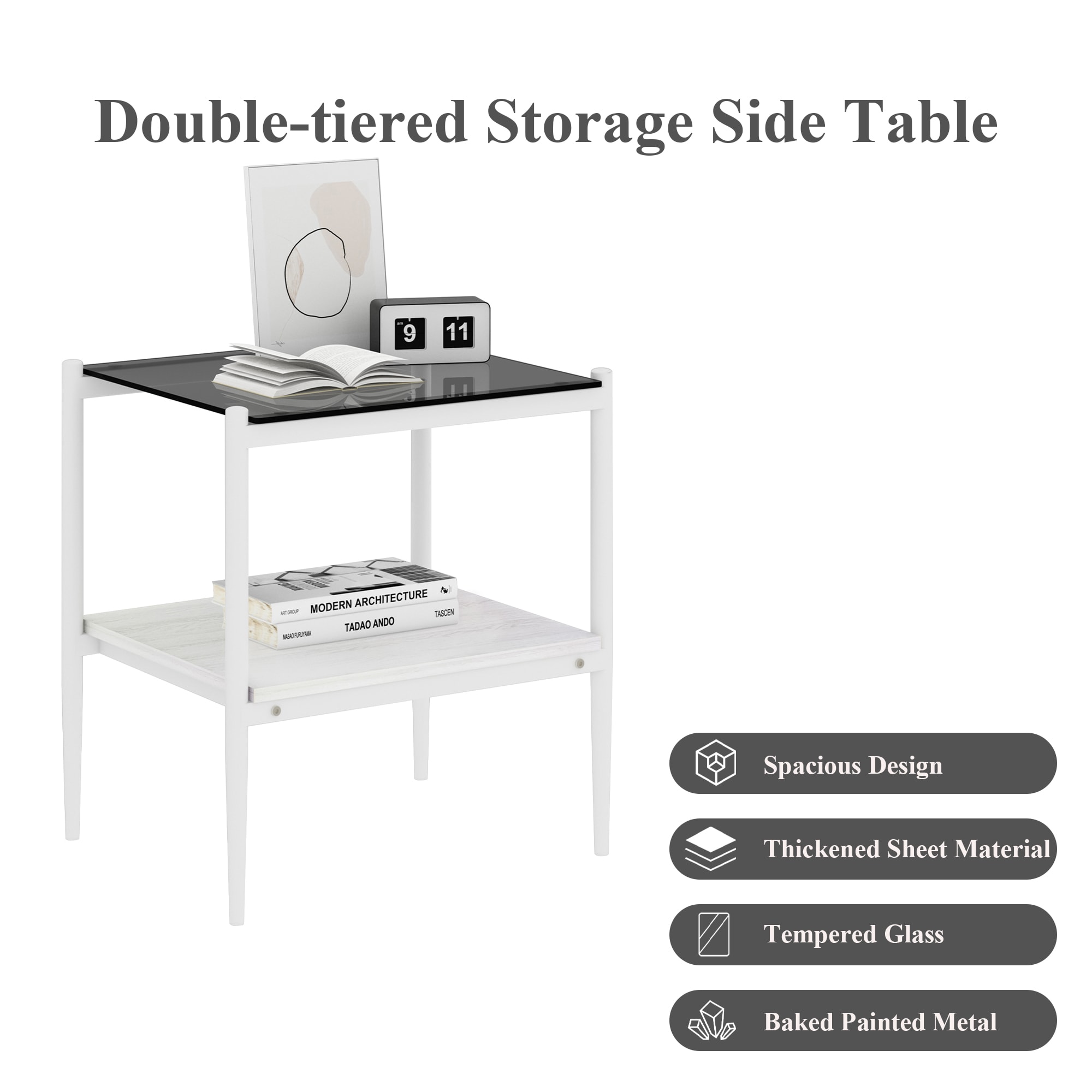 Set Of 2 Rectangle End Table, Tempered Glass Tabletop With MDF Layer, Modern Table For Living Room , Gray Glass