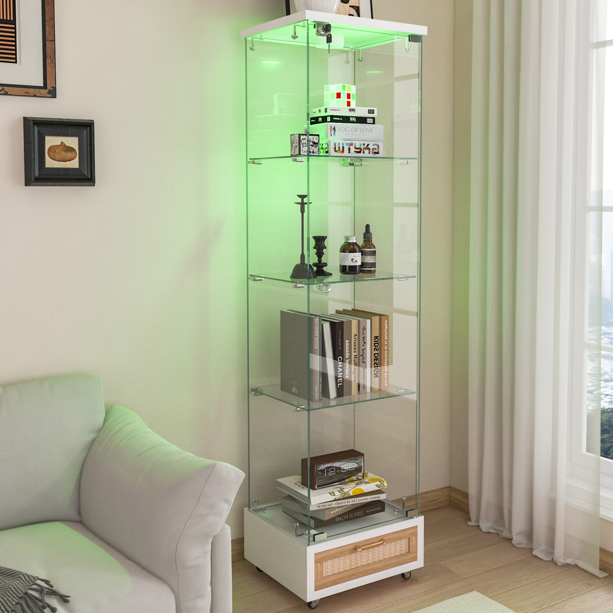 Modern Glass Display Cabinet With Drawer , Quick-assembly Antique Cabinet With LED Lights, Tempered Glass Bookshelf,  1-Door Storage Case With 4 Shelves  For Living Room And Bedroom, White And Natural view 3
