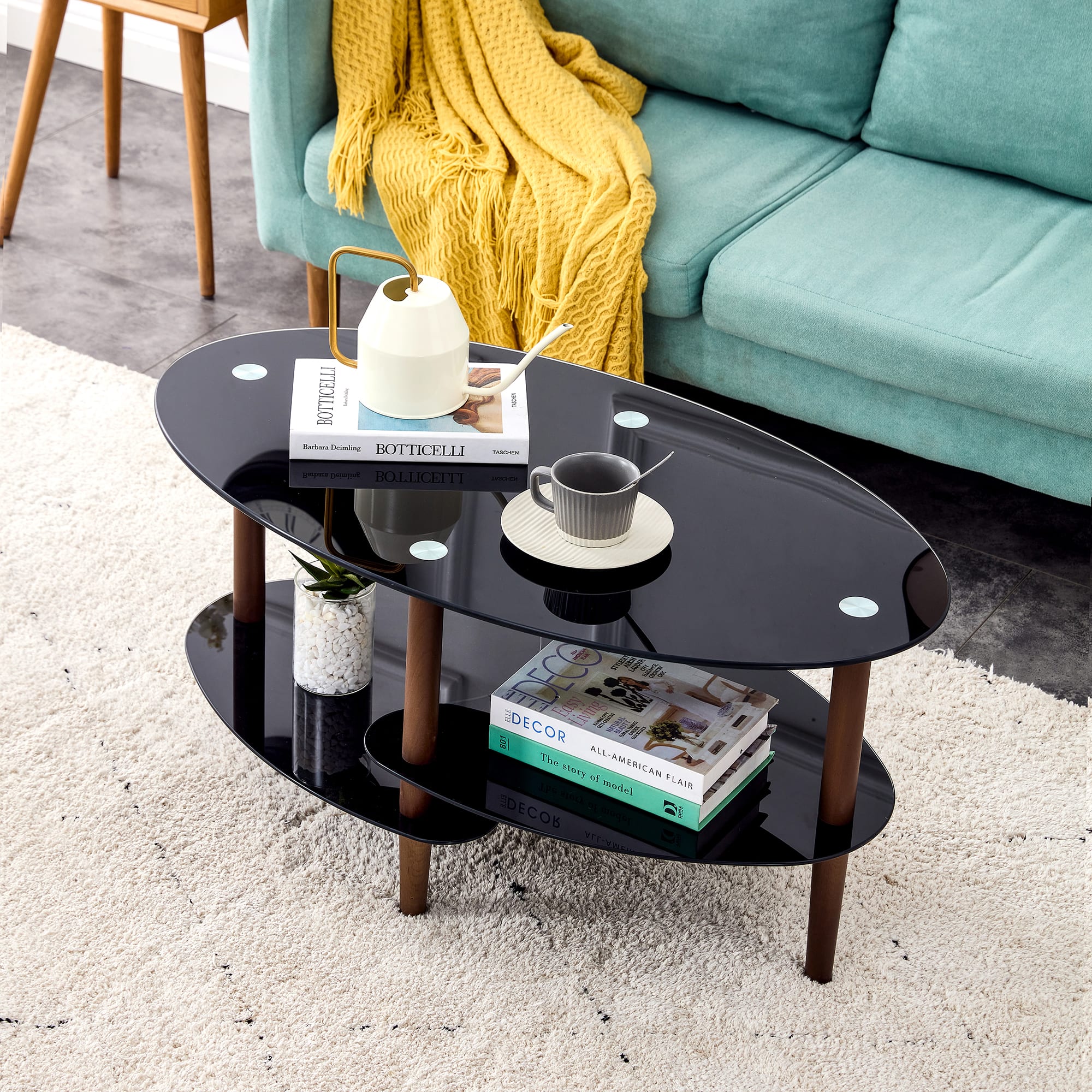 Black Oval Glass Coffee Table, Modern Table In Living Room Oak Wood Leg Tea Table 3-layer  Tempered Glass Table view 3