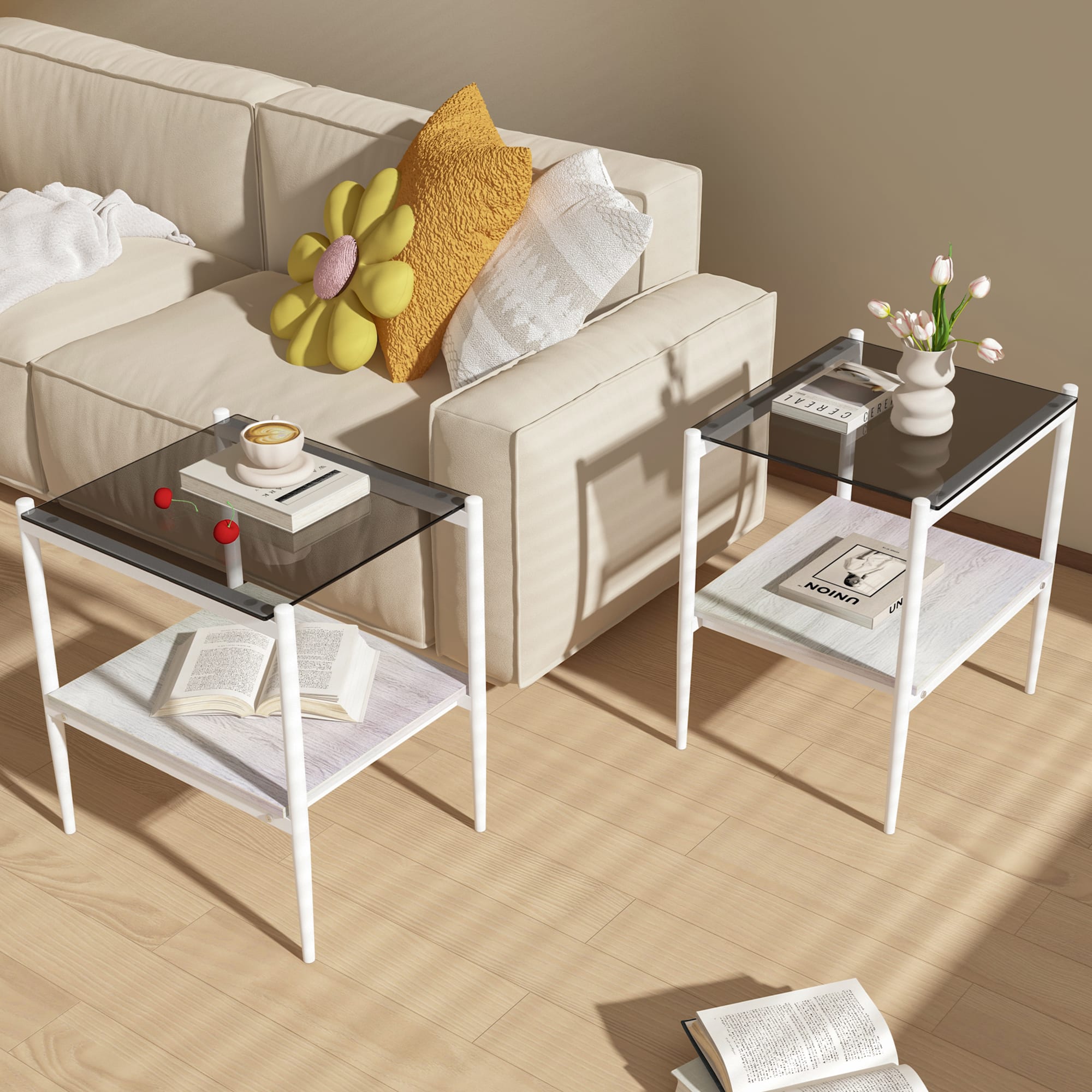 Set Of 2 Rectangle End Table, Tempered Glass Tabletop With MDF Layer, Modern Table For Living Room , Gray Glass view 4