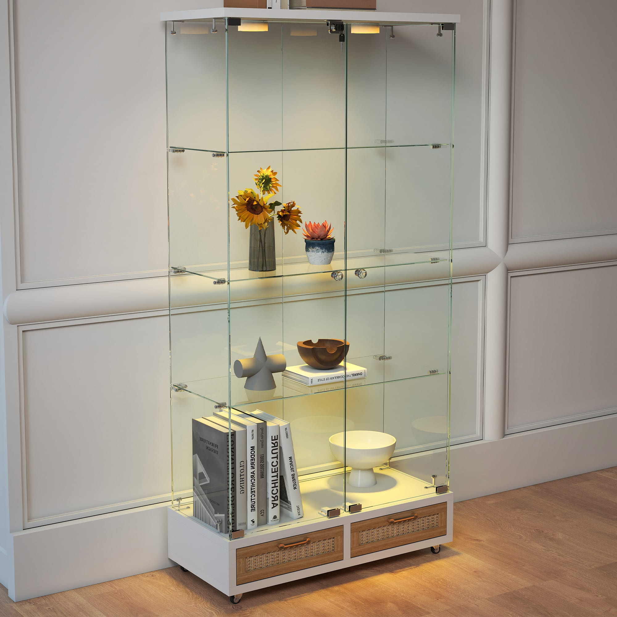 Modern Glass Display Cabinet With Large Drawers,Quick-assembly Antique Cabinet With LED Lights,empered Glass Bookshelf,2-Door Storage Case With 4 Shelves For Living Room And Bedroom,white And Natural view 2