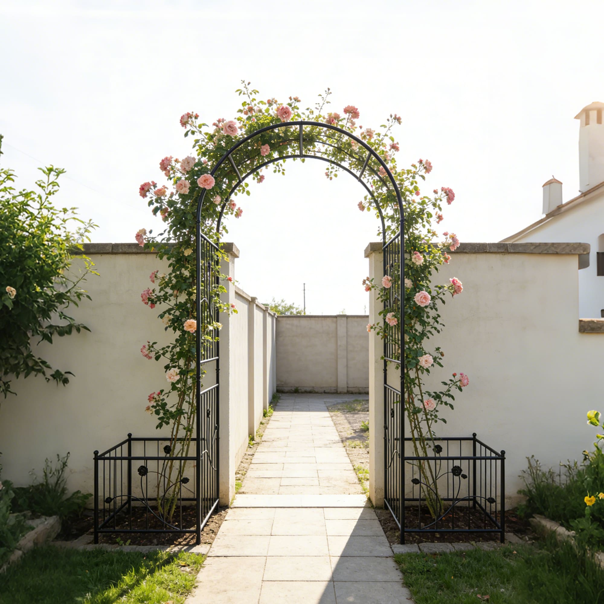 Metal Garden Arch With Two Plant Stands 79.5  Wide X 86.6  High Climbing Plants Support Rose Arch Outdoor Black view 3