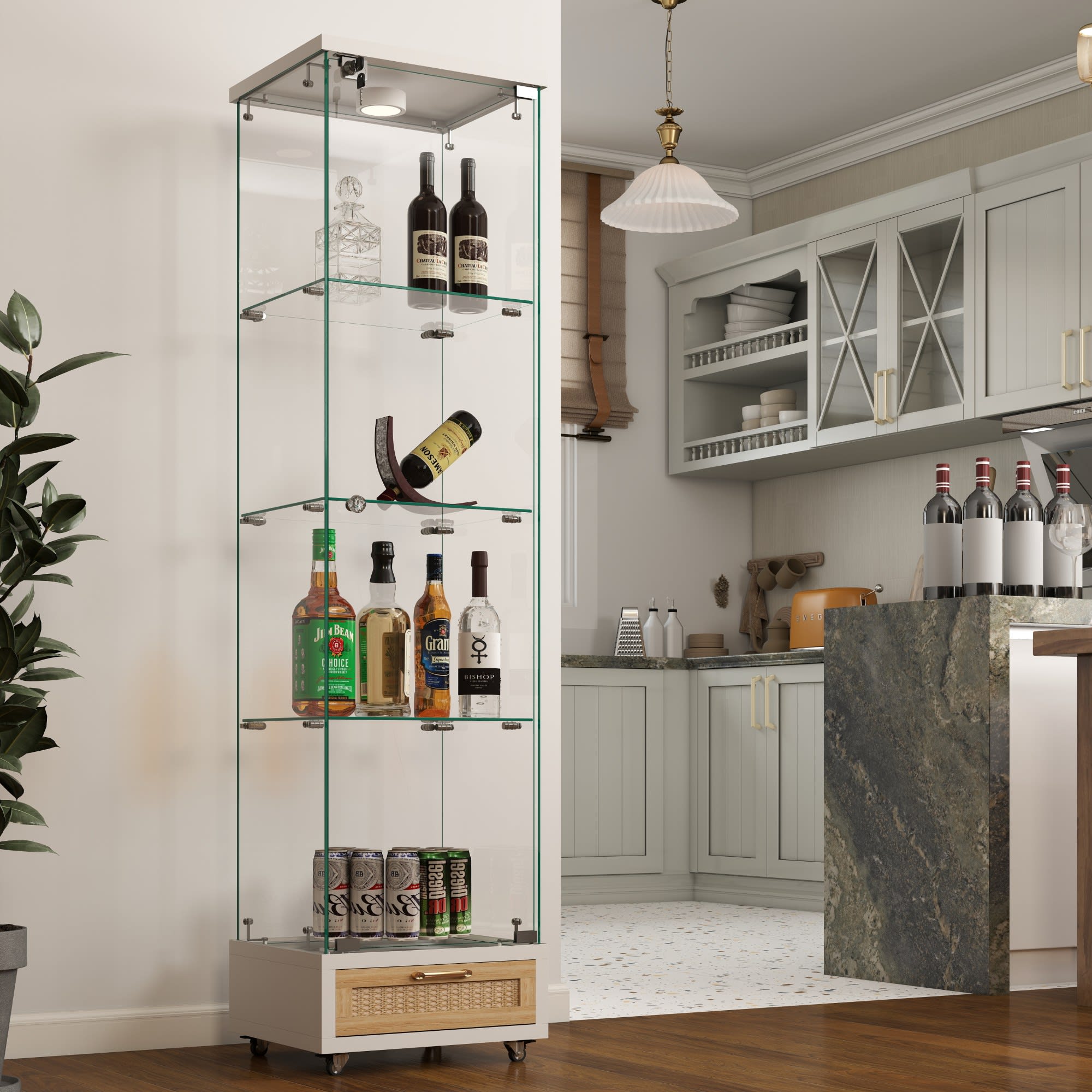 Modern Glass Display Cabinet With Drawer , Quick-assembly Antique Cabinet With LED Lights, Tempered Glass Bookshelf,  1-Door Storage Case With 4 Shelves  For Living Room And Bedroom, White And Natural view 5
