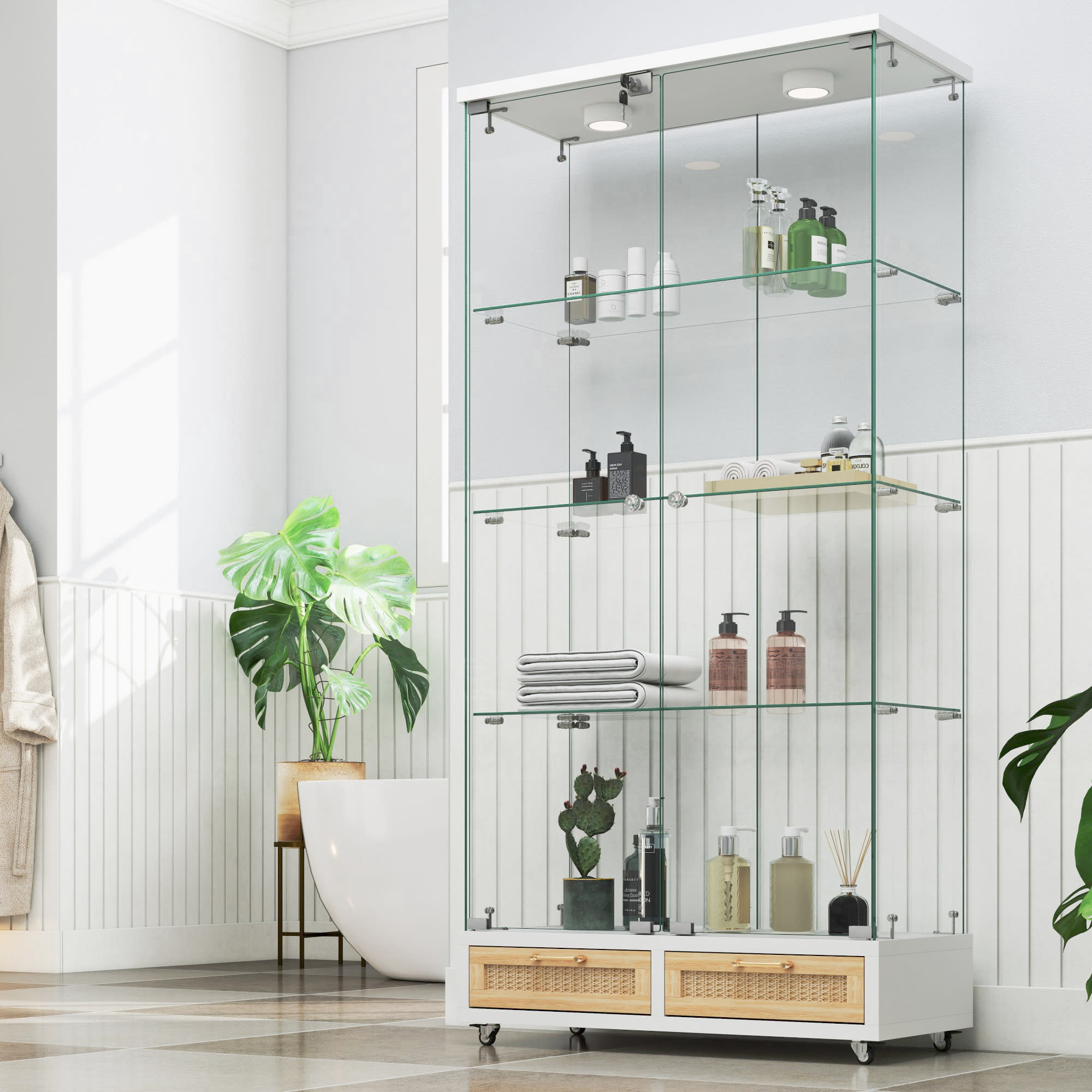 Modern Glass Display Cabinet With Large Drawers,Quick-assembly Antique Cabinet With LED Lights,empered Glass Bookshelf,2-Door Storage Case With 4 Shelves For Living Room And Bedroom,white And Natural view 4