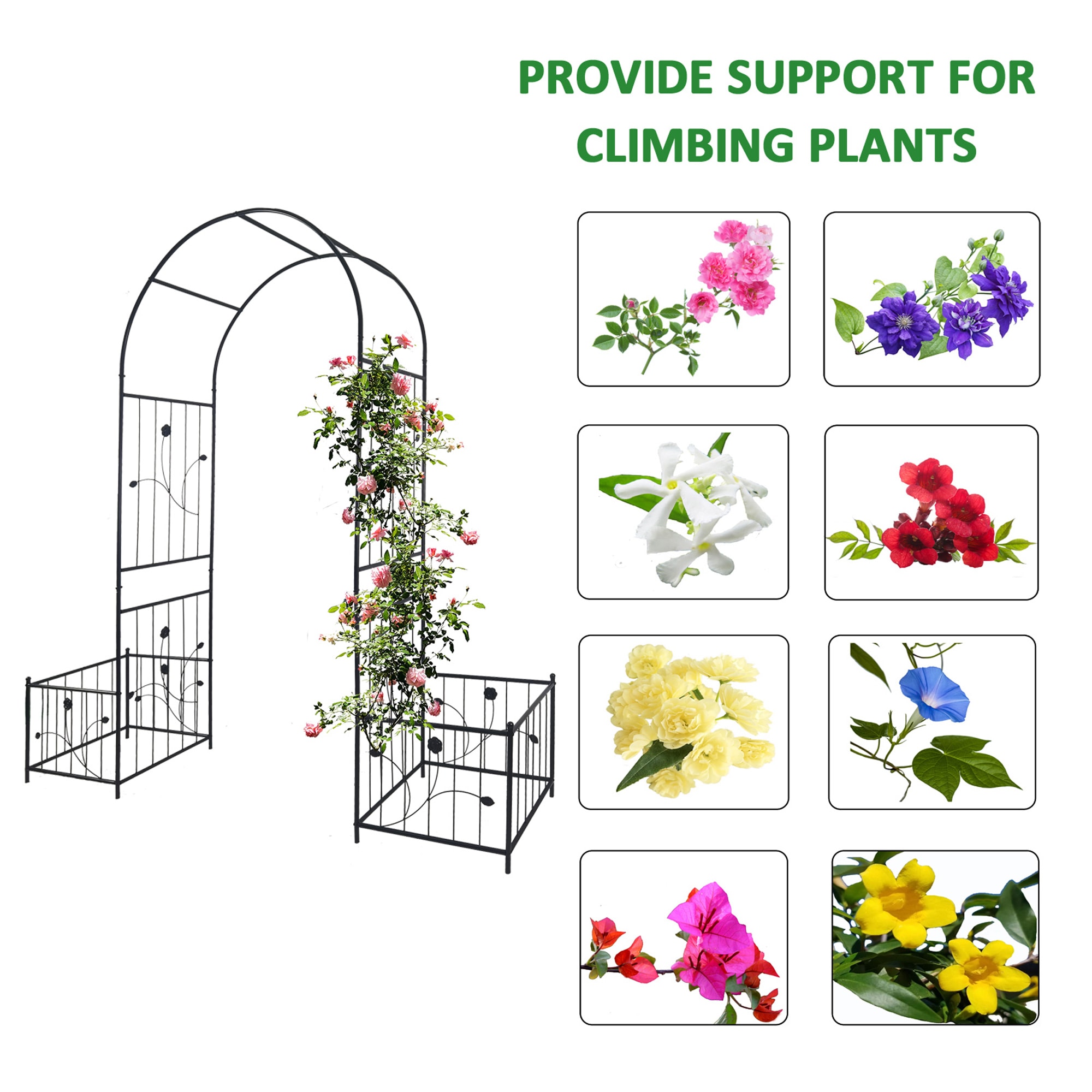 Metal Garden Arch With Two Plant Stands 79.5  Wide X 86.6  High Climbing Plants Support Rose Arch Outdoor Black view 5