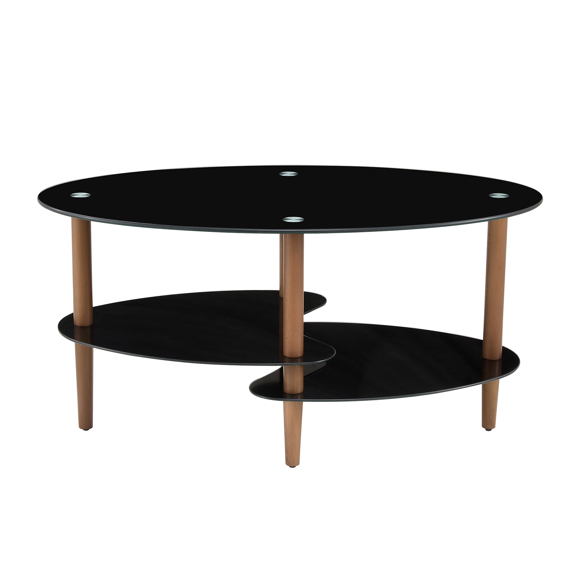 Black Oval Glass Coffee Table, Modern Table In Living Room Oak Wood Leg Tea Table 3-layer  Tempered Glass Table view 5