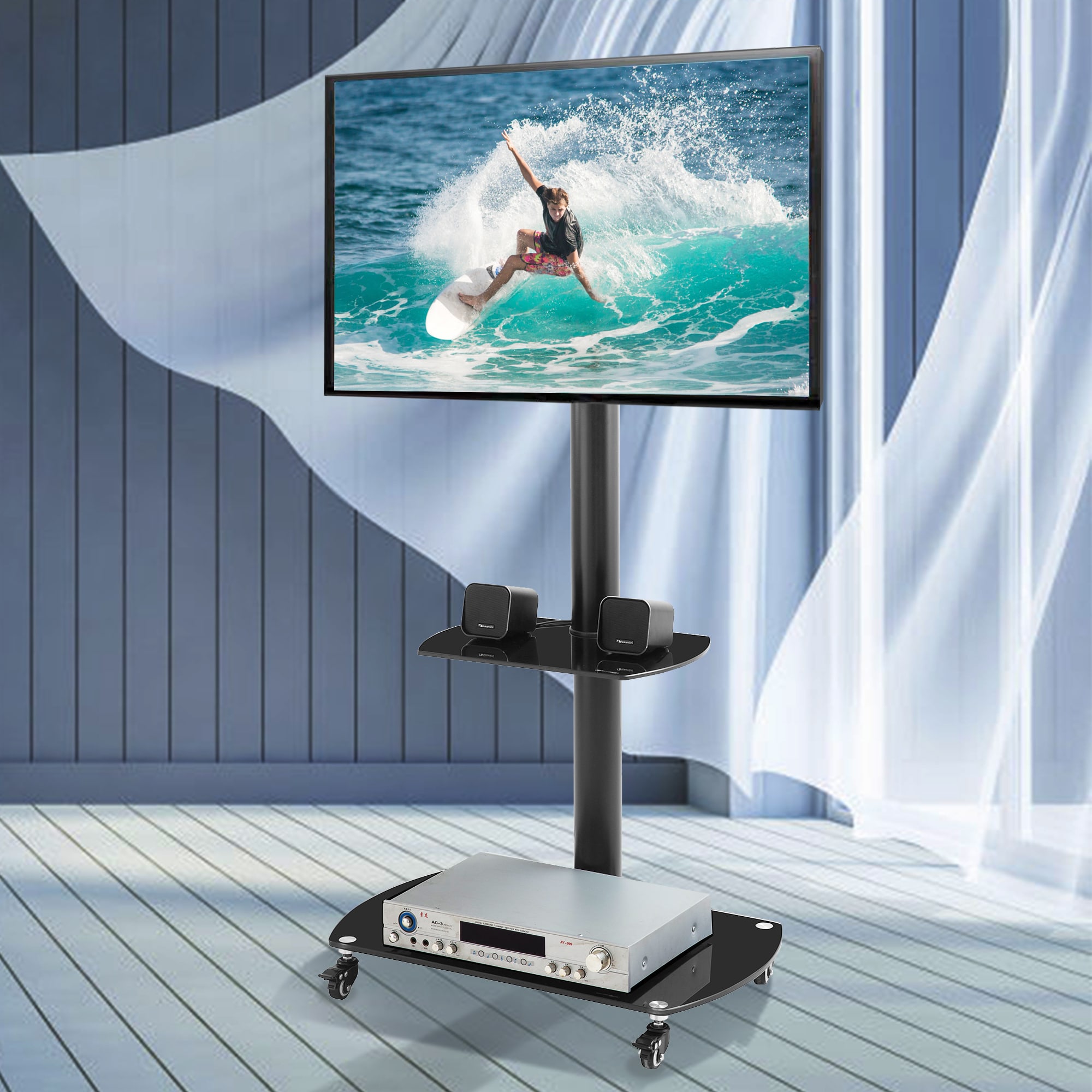 Height And Angle Adjustable Multi-Function Tempered Glass Metal Frame Floor With Lockable Wheels Mobile TV Stand, LCD Plasma TV Bracket  2 Tier Tempered Glass Shelves For Multiple Media Devices view 2