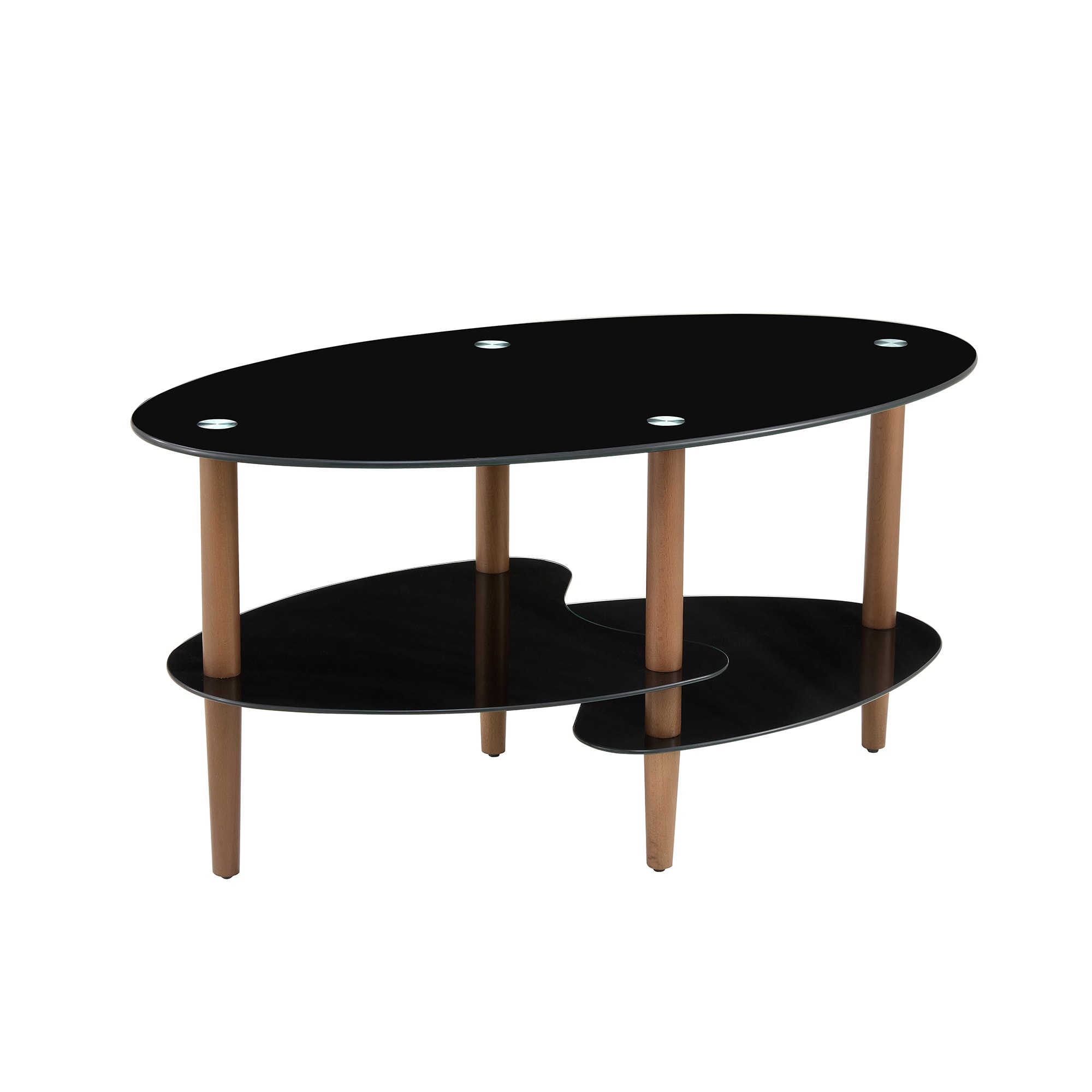 Black Oval Glass Coffee Table, Modern Table In Living Room Oak Wood Leg Tea Table 3-layer  Tempered Glass Table view 2
