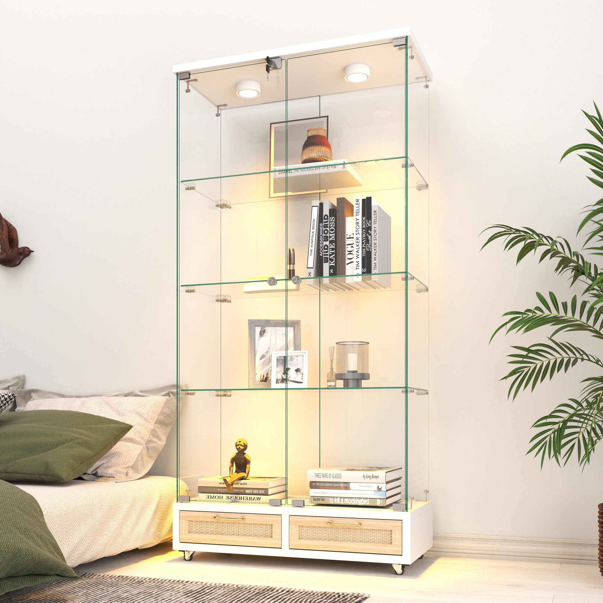 Modern Glass Display Cabinet With Large Drawers,Quick-assembly Antique Cabinet With LED Lights,empered Glass Bookshelf,2-Door Storage Case With 4 Shelves For Living Room And Bedroom,white And Natural view 3