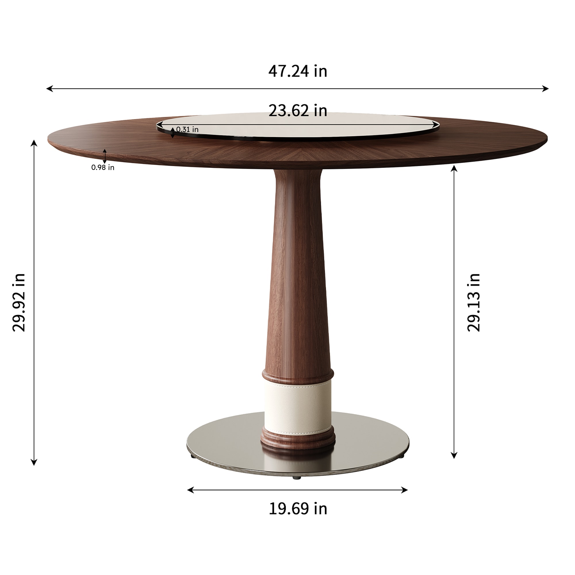 47 Inch Solid Wood Dining Table With 23 Inch Tempered Glass Lazy Susan  Stainless Steel Base Round Kitchen Table Retro Fashion Home Restaurant Office Table view 4