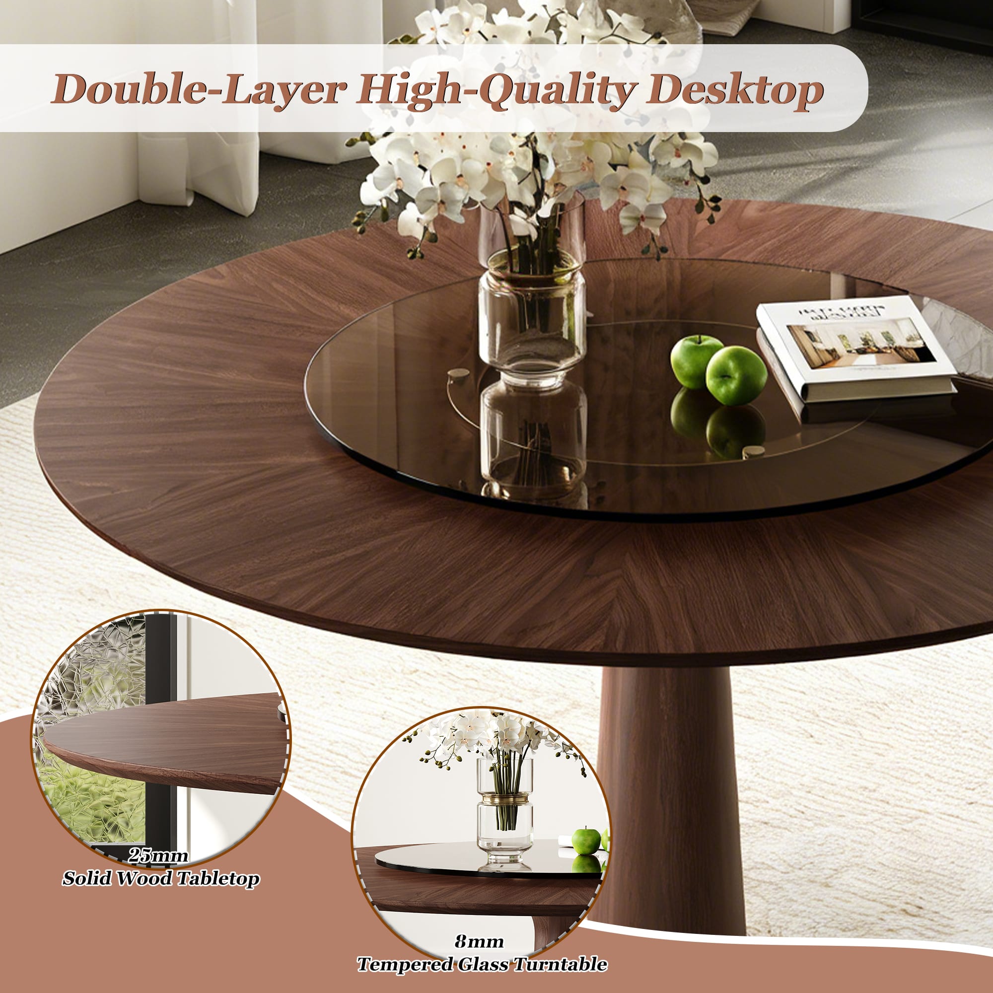 47 Inch Solid Wood Dining Table With 23 Inch Tempered Glass Lazy Susan  Stainless Steel Base Round Kitchen Table Retro Fashion Home Restaurant Office Table view 5