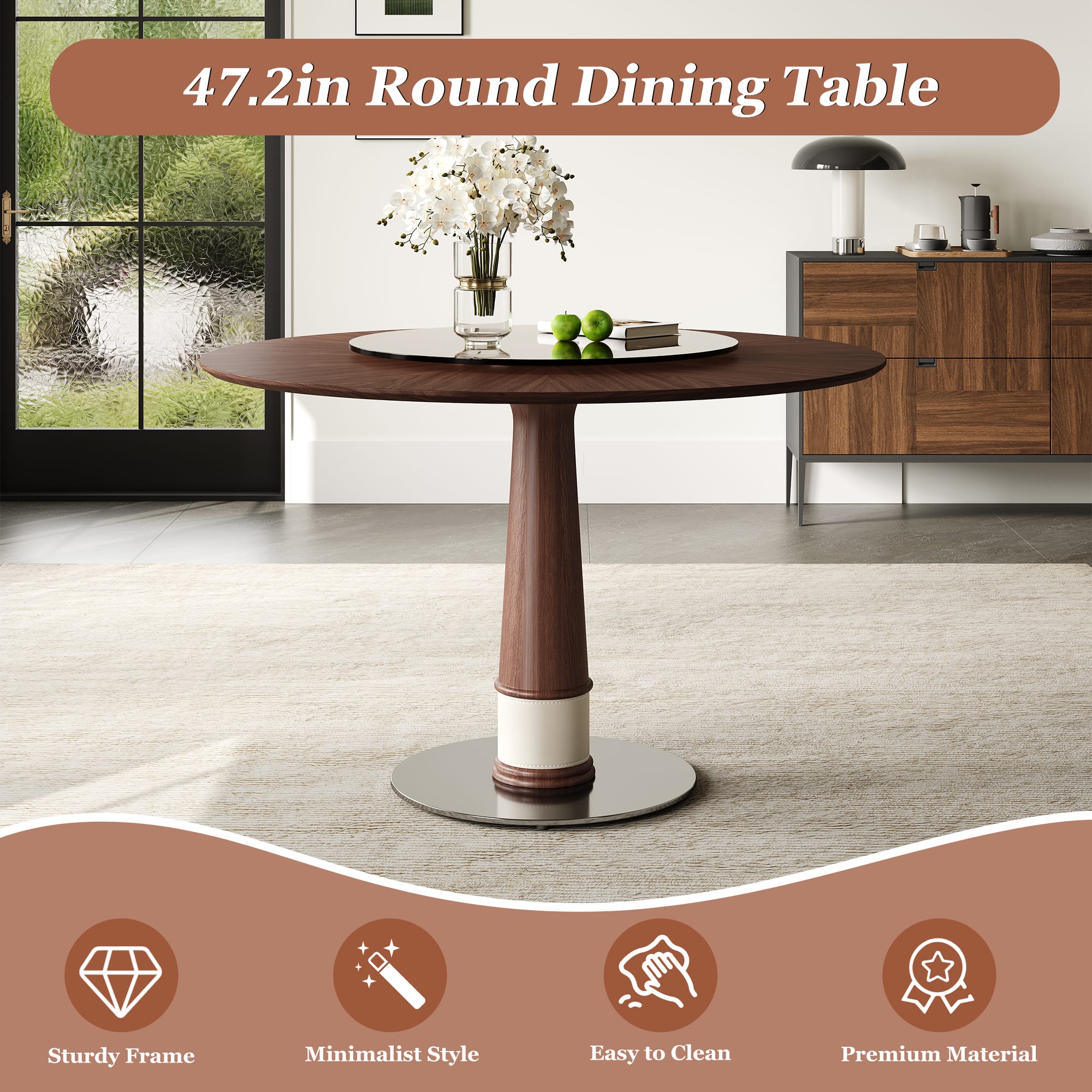 47 Inch Solid Wood Dining Table With 23 Inch Tempered Glass Lazy Susan  Stainless Steel Base Round Kitchen Table Retro Fashion Home Restaurant Office Table view 2