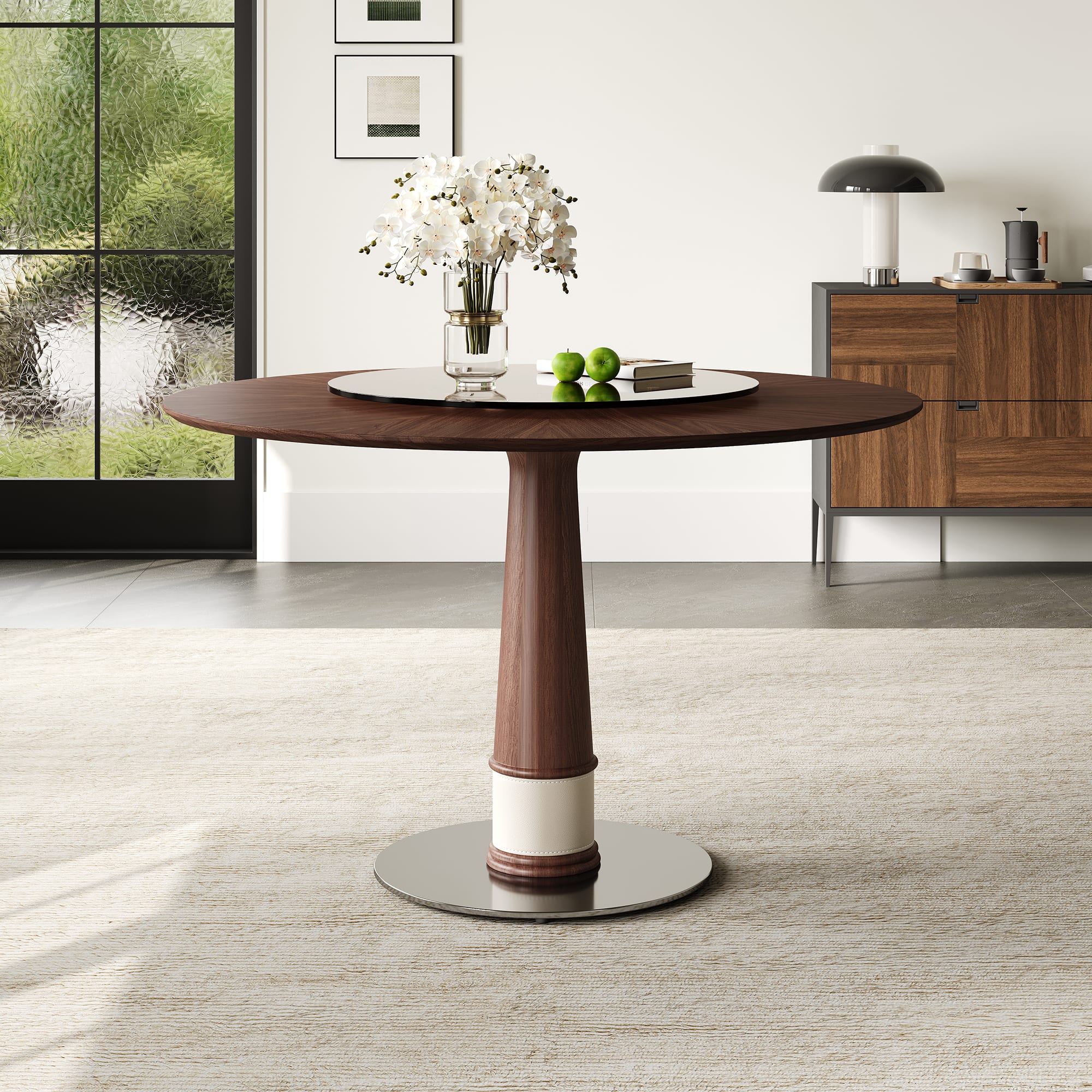 47 Inch Solid Wood Dining Table With 23 Inch Tempered Glass Lazy Susan  Stainless Steel Base Round Kitchen Table Retro Fashion Home Restaurant Office Table view 3
