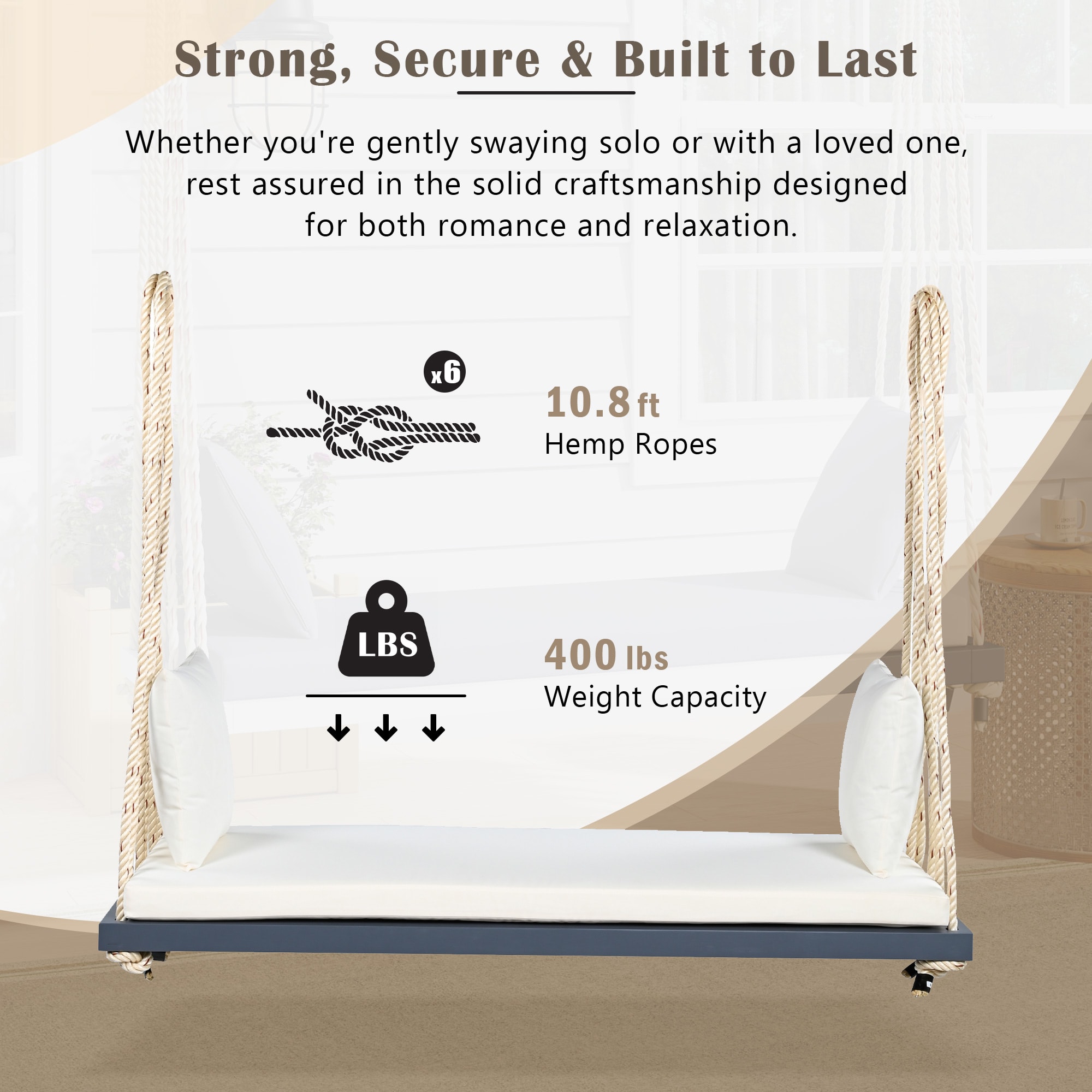 TOPMAx Patio Wooden Swing Chair  Hanging Porch Swing Bench With Cushion&Pillows  10.8Ft Hemp Ropes For Garden  Lawn Gray view 4