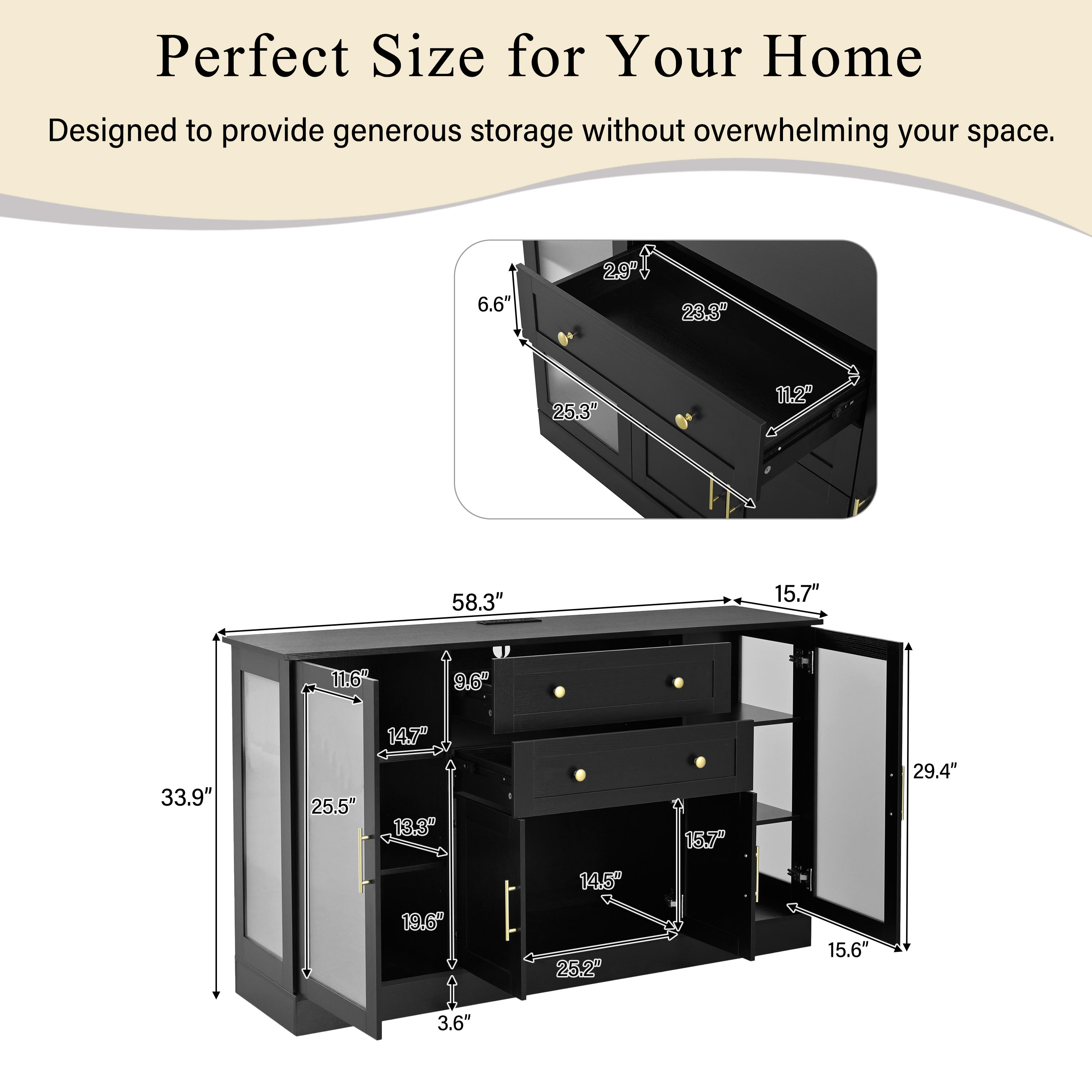 U- Style 58.3  Modern Buffet Sideboard With 4 Doors & 2 Drawers  Adjustable Shelves  Power Outlet  Acrylic Panels  Aluminum Alloy Handles  Storage Cabinet For Dining Room  Living Room And Kitchen view 2