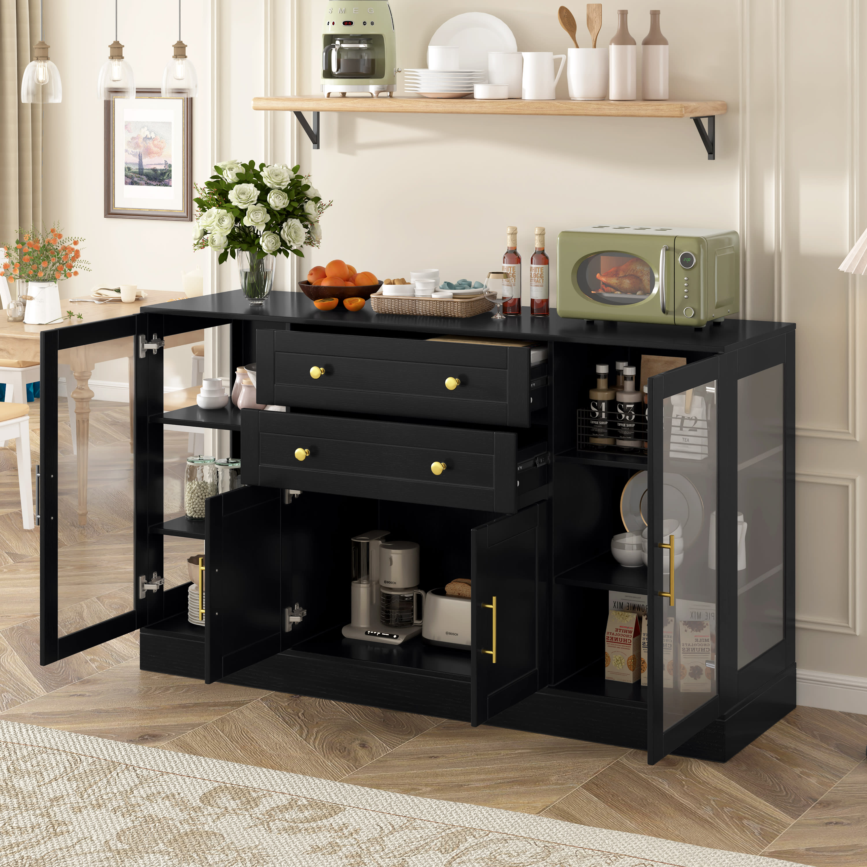 U- Style 58.3  Modern Buffet Sideboard With 4 Doors & 2 Drawers  Adjustable Shelves  Power Outlet  Acrylic Panels  Aluminum Alloy Handles  Storage Cabinet For Dining Room  Living Room And Kitchen view 5