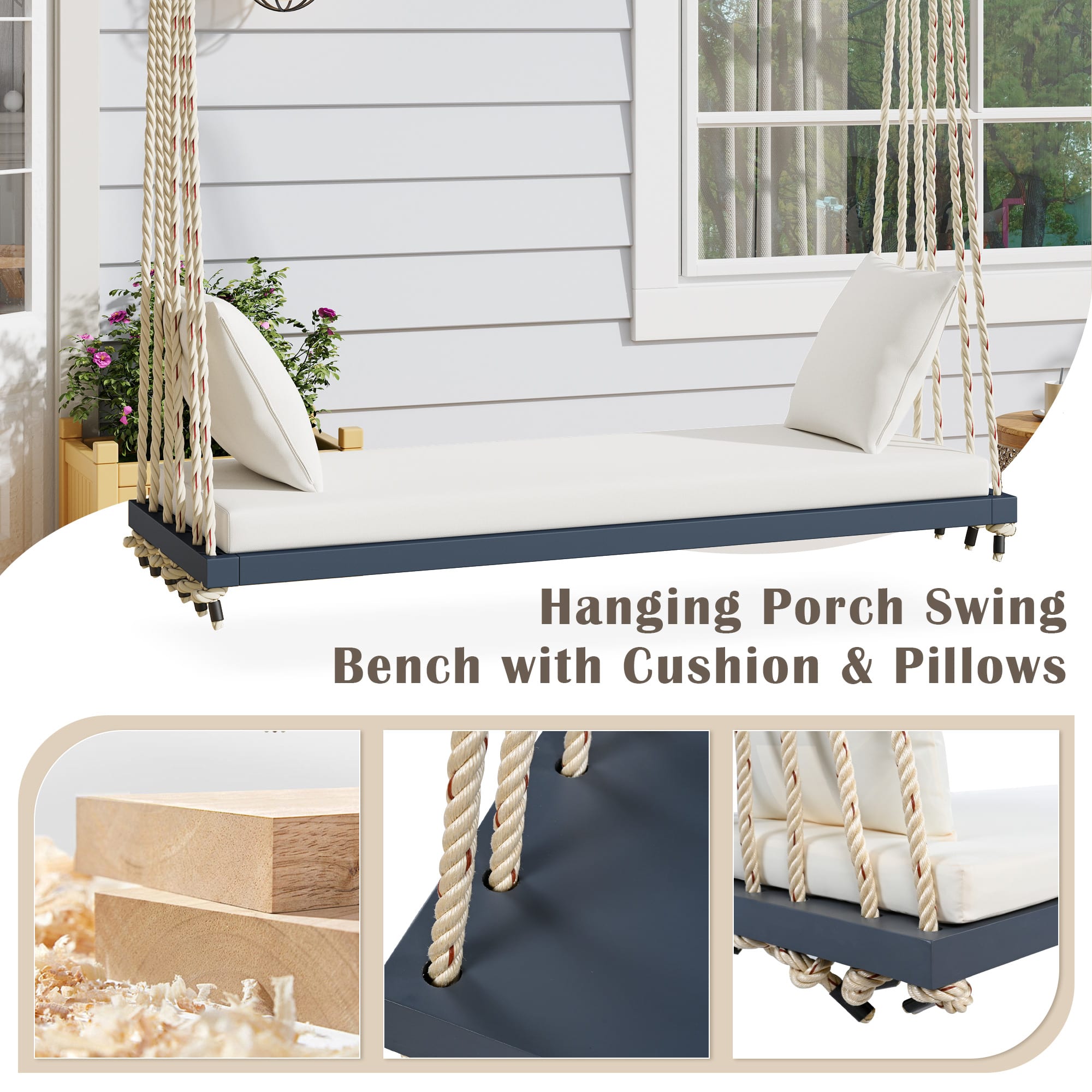 TOPMAx Patio Wooden Swing Chair  Hanging Porch Swing Bench With Cushion&Pillows  10.8Ft Hemp Ropes For Garden  Lawn Gray view 3