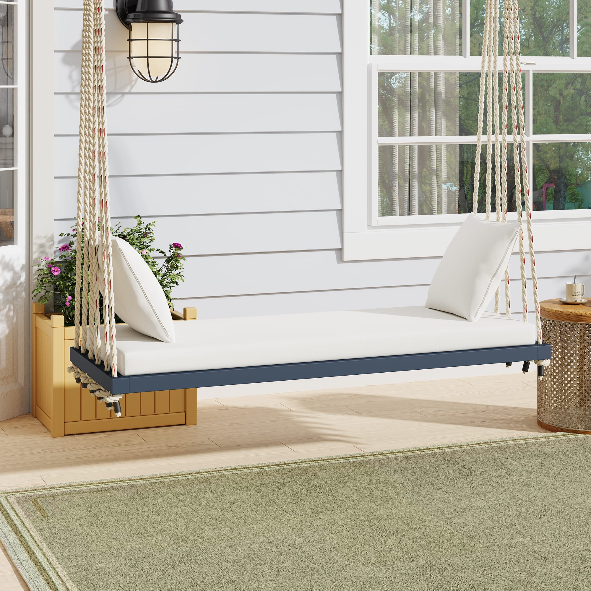 TOPMAx Patio Wooden Swing Chair  Hanging Porch Swing Bench With Cushion&Pillows  10.8Ft Hemp Ropes For Garden  Lawn Gray view 2