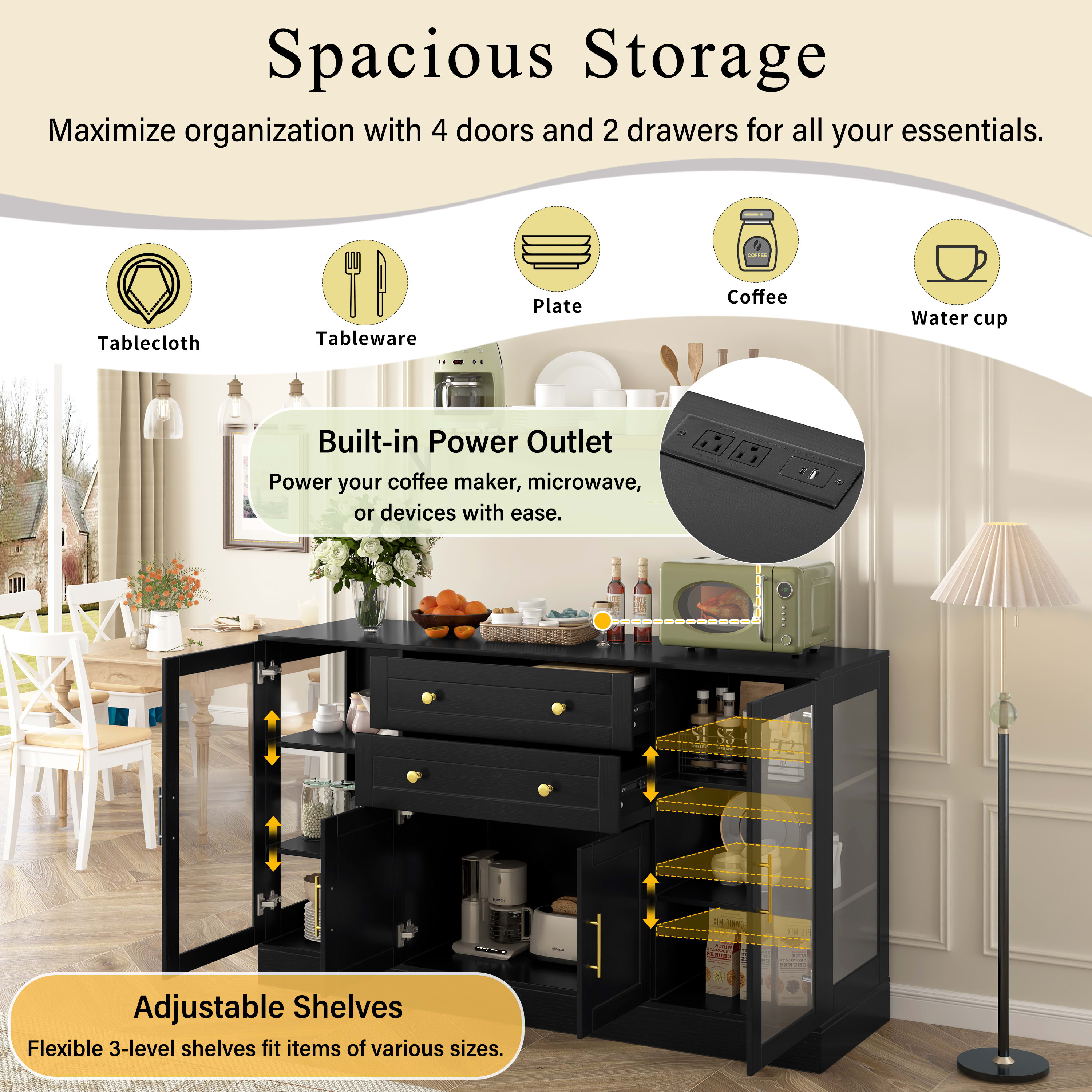 U- Style 58.3  Modern Buffet Sideboard With 4 Doors & 2 Drawers  Adjustable Shelves  Power Outlet  Acrylic Panels  Aluminum Alloy Handles  Storage Cabinet For Dining Room  Living Room And Kitchen view 4