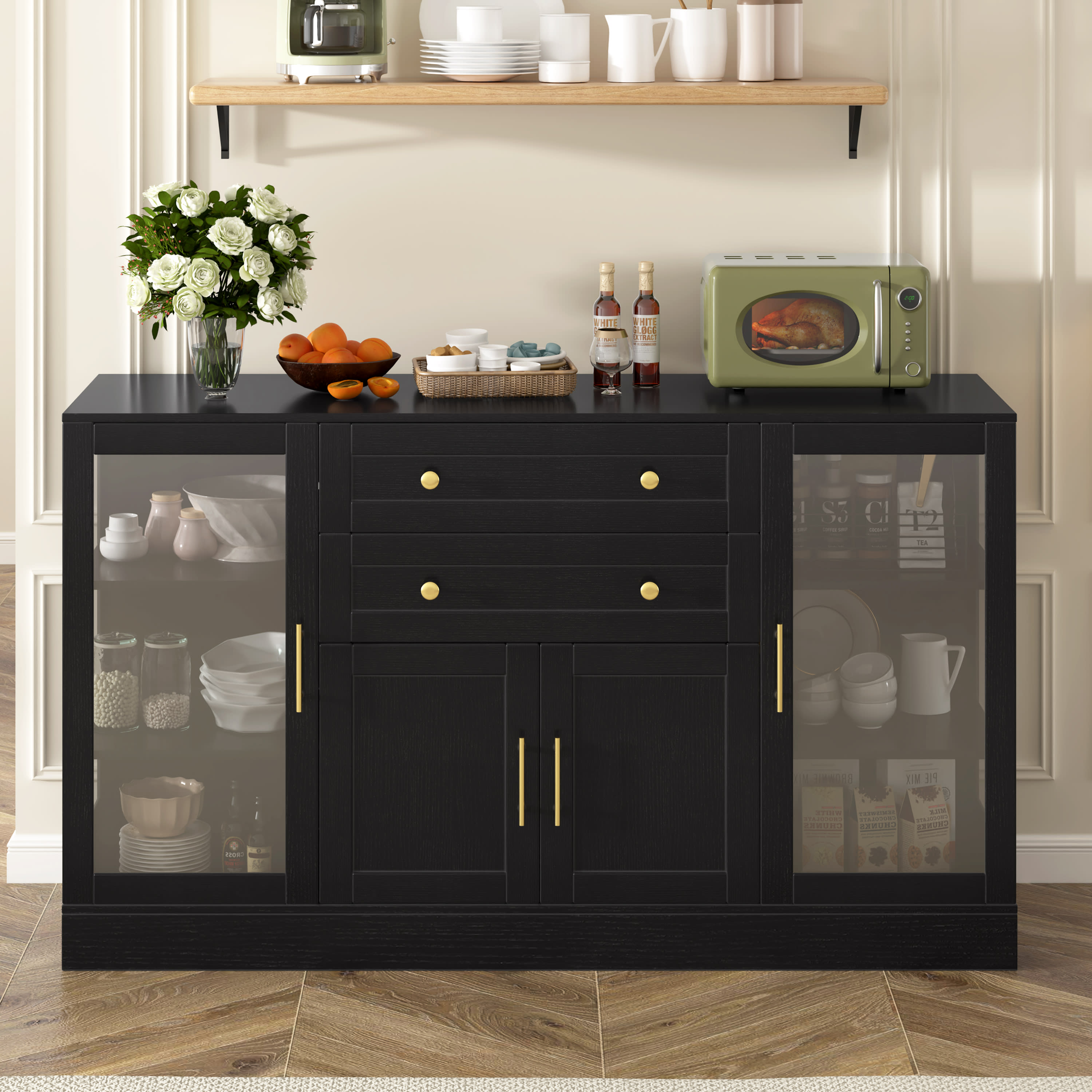 U- Style 58.3  Modern Buffet Sideboard With 4 Doors & 2 Drawers  Adjustable Shelves  Power Outlet  Acrylic Panels  Aluminum Alloy Handles  Storage Cabinet For Dining Room  Living Room And Kitchen view 3