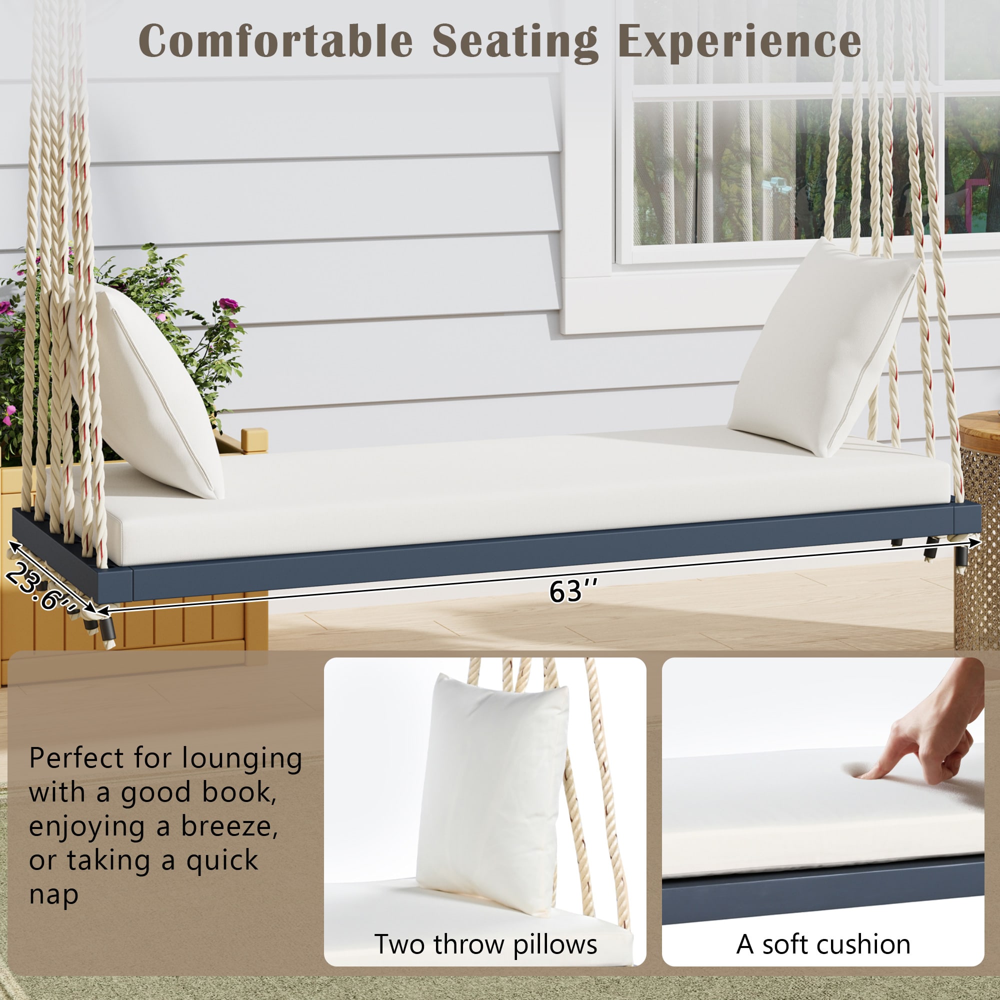 TOPMAx Patio Wooden Swing Chair Hanging Porch Swing Bench With Cushion&Pillows 10.8Ft Hemp Ropes For Garden Lawn Gray