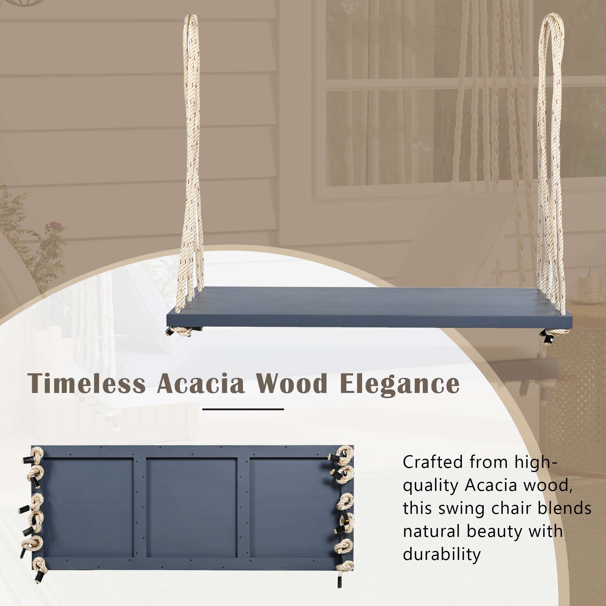 TOPMAx Patio Wooden Swing Chair  Hanging Porch Swing Bench With Cushion&Pillows  10.8Ft Hemp Ropes For Garden  Lawn Gray view 5