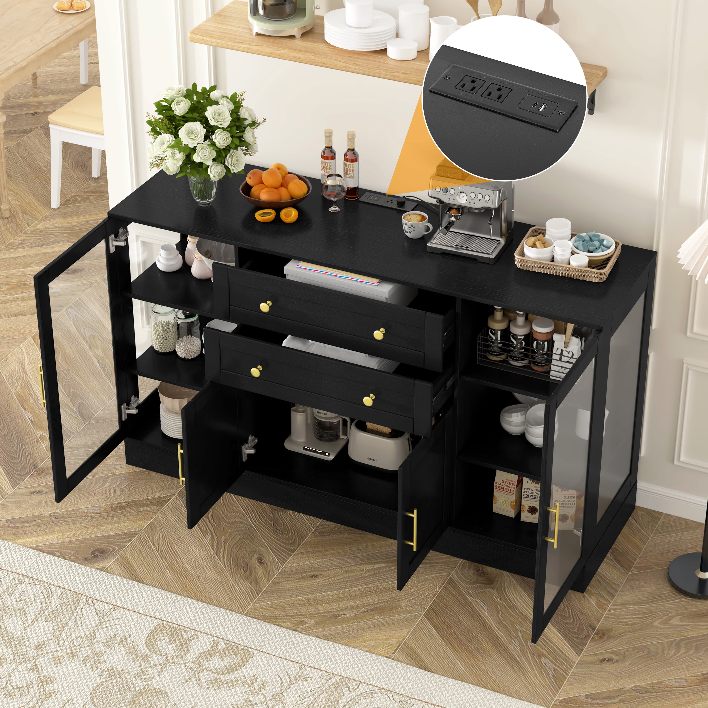 U- Style 58.3 Modern Buffet Sideboard With 4 Doors & 2 Drawers Adjustable Shelves Power Outlet Acrylic Panels Aluminum Alloy Handles Storage Cabinet For Dining Room Living Room And Kitchen
