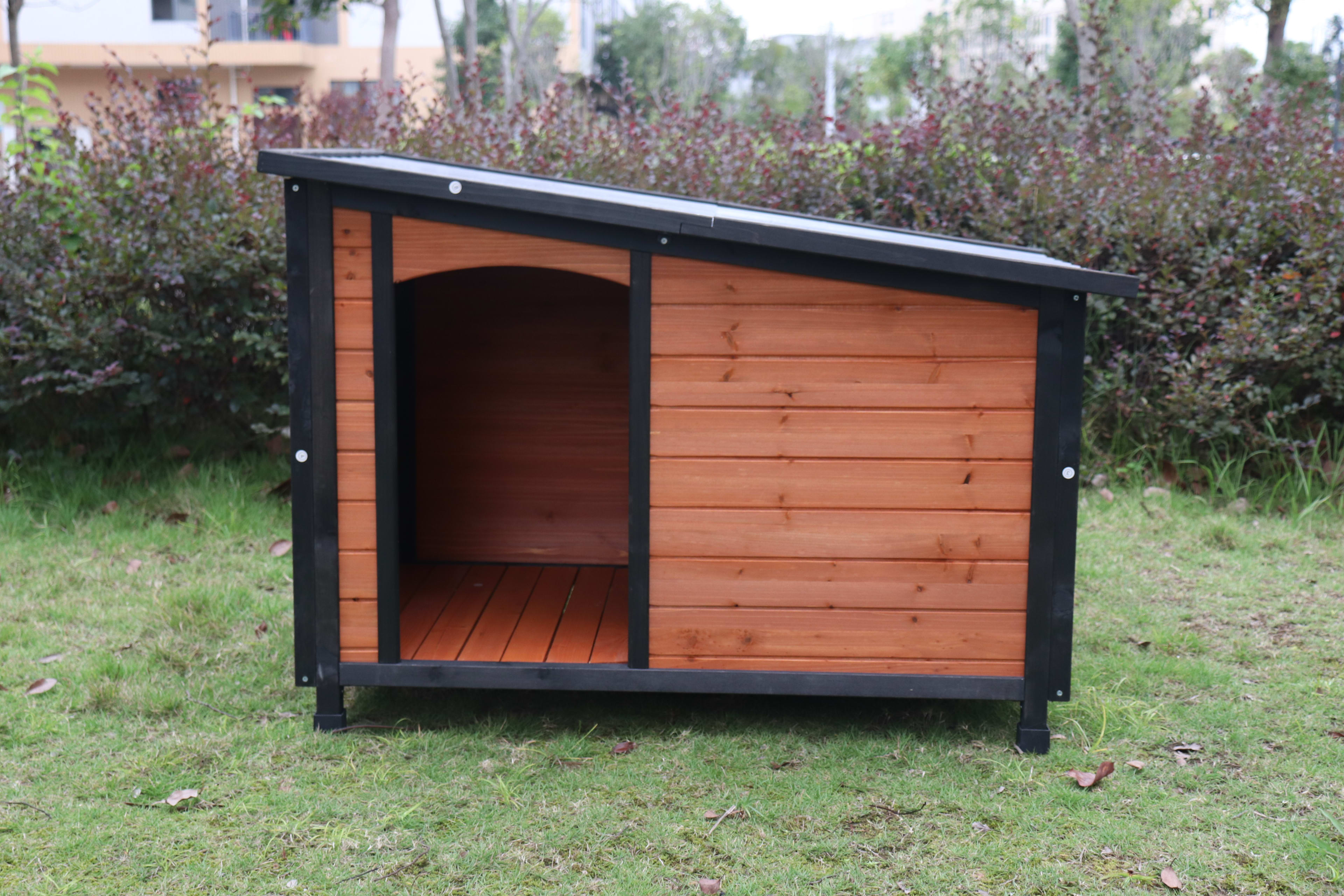 46 Dog House Outdoor & Indoor  Wooden Dog Kennel For Winter With Raised Feet Weatherproof For Large Dogs Gold Red And Black PVC Waterproof Roof L view 3