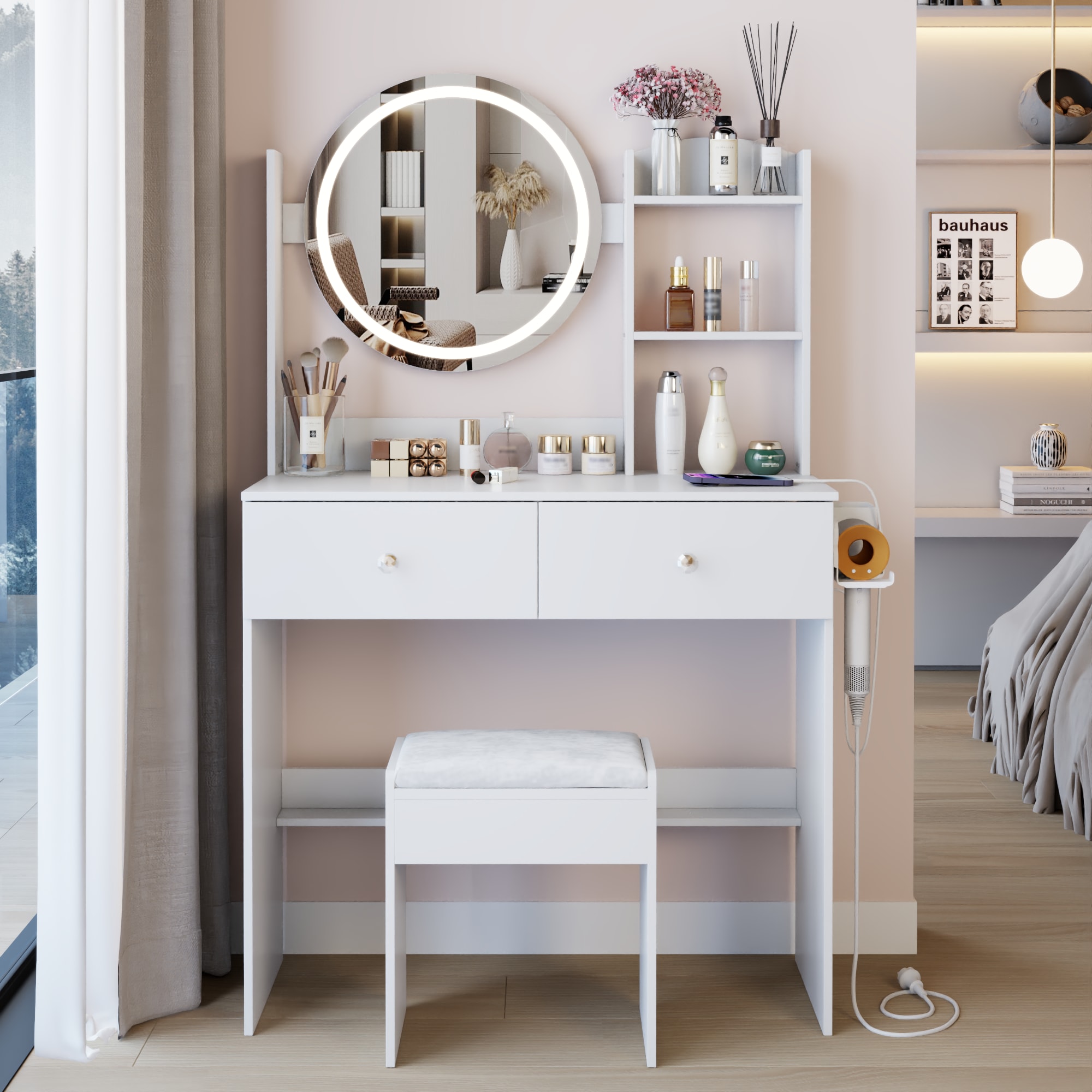 17  Round LED Mirror Vanity Table Cushioned Stool, Equipped With 2 AC 2 USB Power Socket, Big Mirror, Touch Switch, 3 Colors, Adjustable Brightness, Large Desktop, Multi-layer High Capacity Storage view 3
