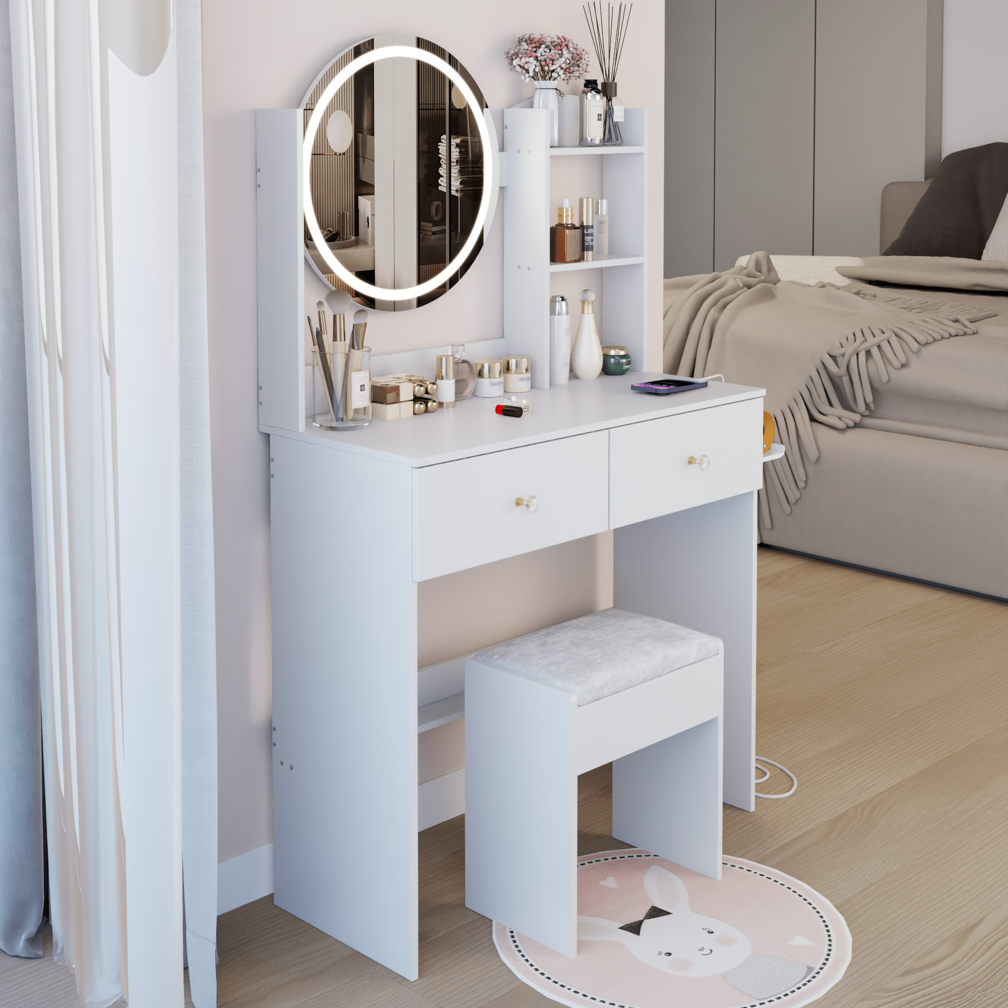 17  Round LED Mirror Vanity Table Cushioned Stool, Equipped With 2 AC 2 USB Power Socket, Big Mirror, Touch Switch, 3 Colors, Adjustable Brightness, Large Desktop, Multi-layer High Capacity Storage view 5