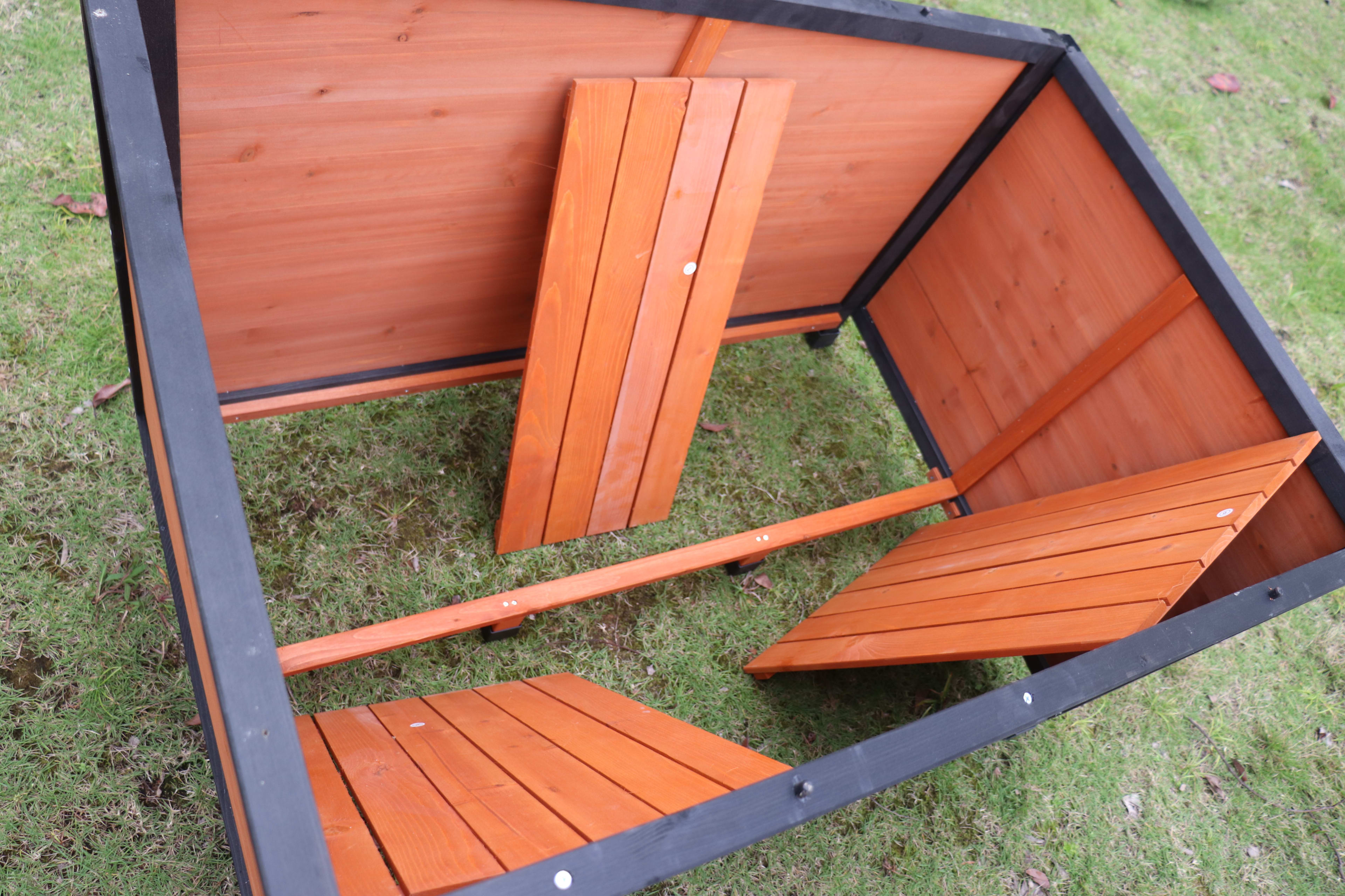46 Dog House Outdoor & Indoor  Wooden Dog Kennel For Winter With Raised Feet Weatherproof For Large Dogs Gold Red And Black PVC Waterproof Roof L view 2