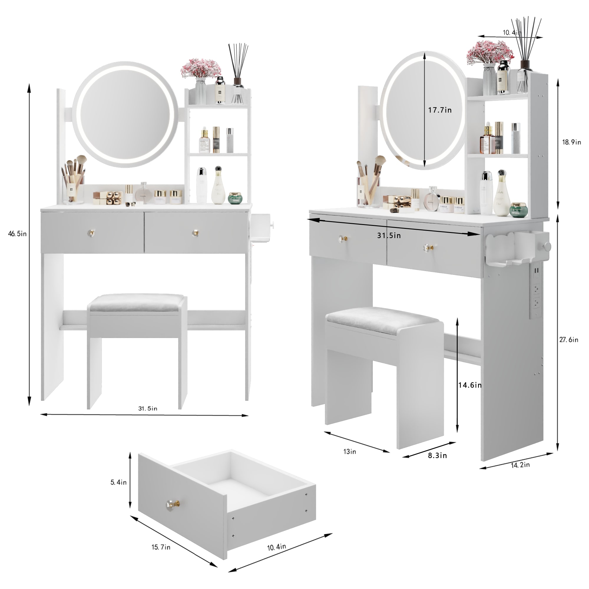 17  Round LED Mirror Vanity Table Cushioned Stool, Equipped With 2 AC 2 USB Power Socket, Big Mirror, Touch Switch, 3 Colors, Adjustable Brightness, Large Desktop, Multi-layer High Capacity Storage view 4