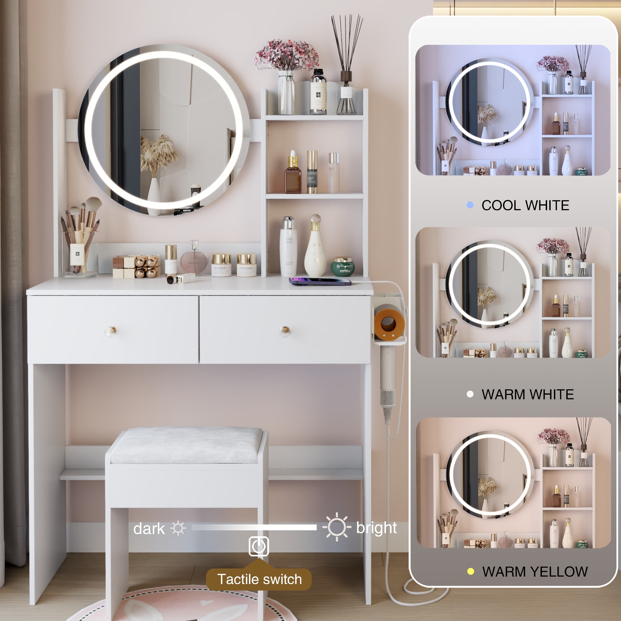 17  Round LED Mirror Vanity Table Cushioned Stool, Equipped With 2 AC 2 USB Power Socket, Big Mirror, Touch Switch, 3 Colors, Adjustable Brightness, Large Desktop, Multi-layer High Capacity Storage view 2
