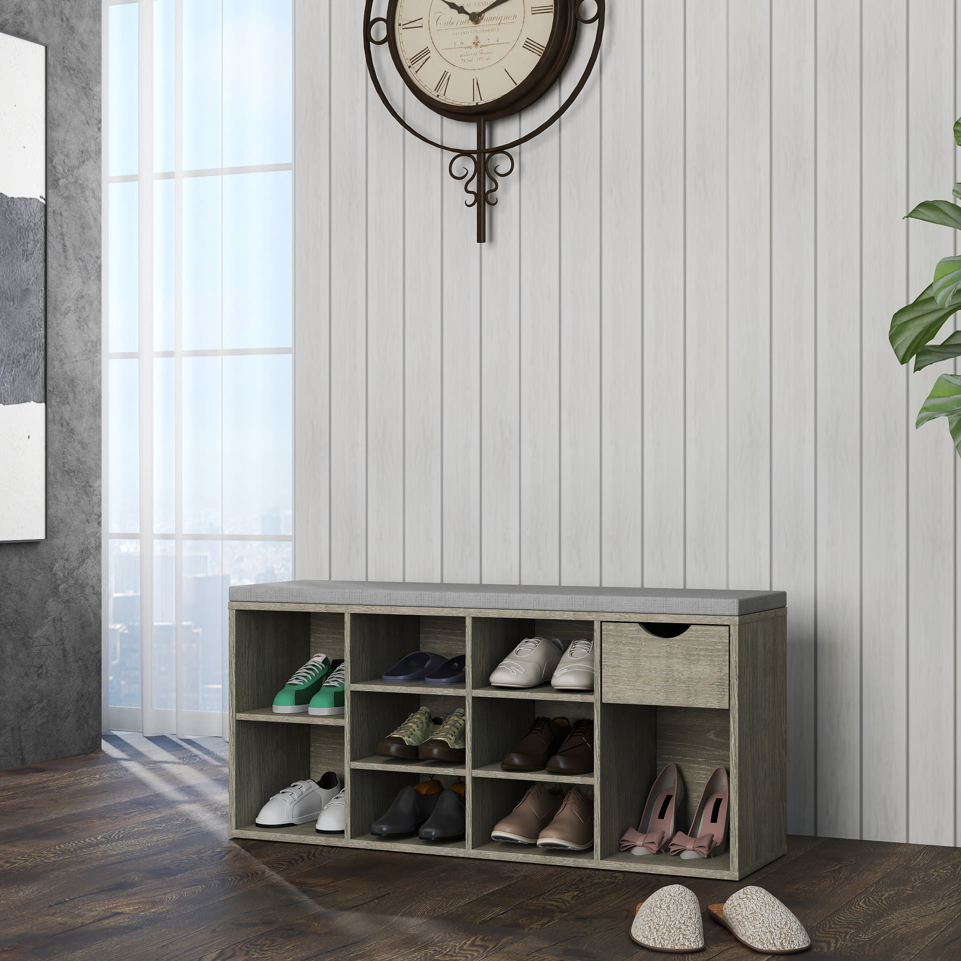 Storage Bench, Shoe Bench, Entryway Bench With Padded Cushion, Drawer And Open Compartments, Bench With Storage, 3 Tier Shoe Rack Bench view 4