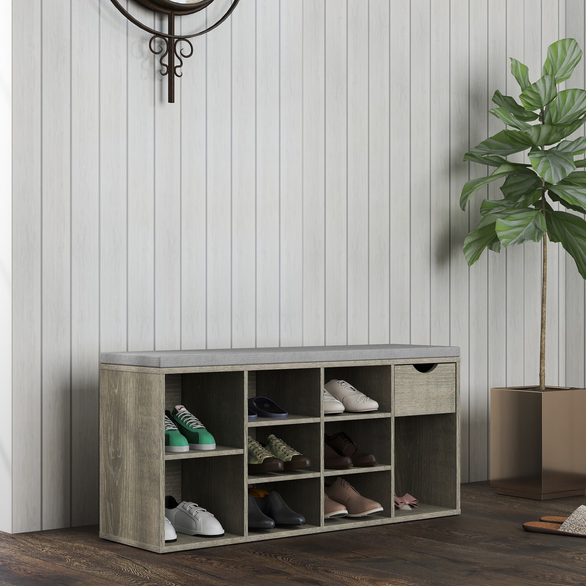Storage Bench, Shoe Bench, Entryway Bench With Padded Cushion, Drawer And Open Compartments, Bench With Storage, 3 Tier Shoe Rack Bench view 5