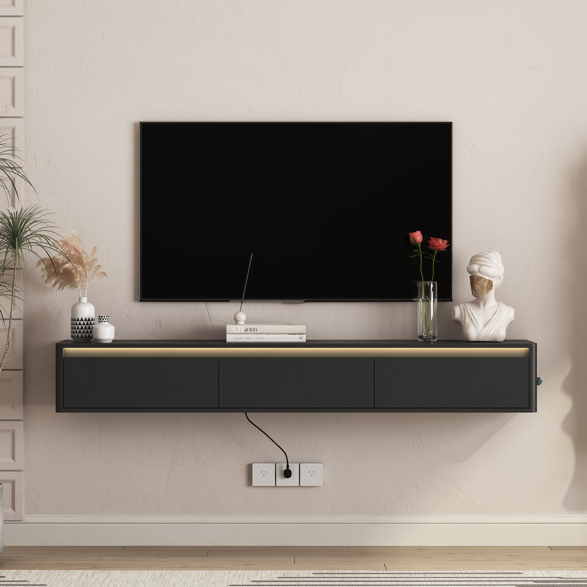 Floating TV Stand, Wall Mounted TV Shelf With Led Lights & Power Outlet,High  TV Cabinet For Black Tv Stands For Living Room view 5