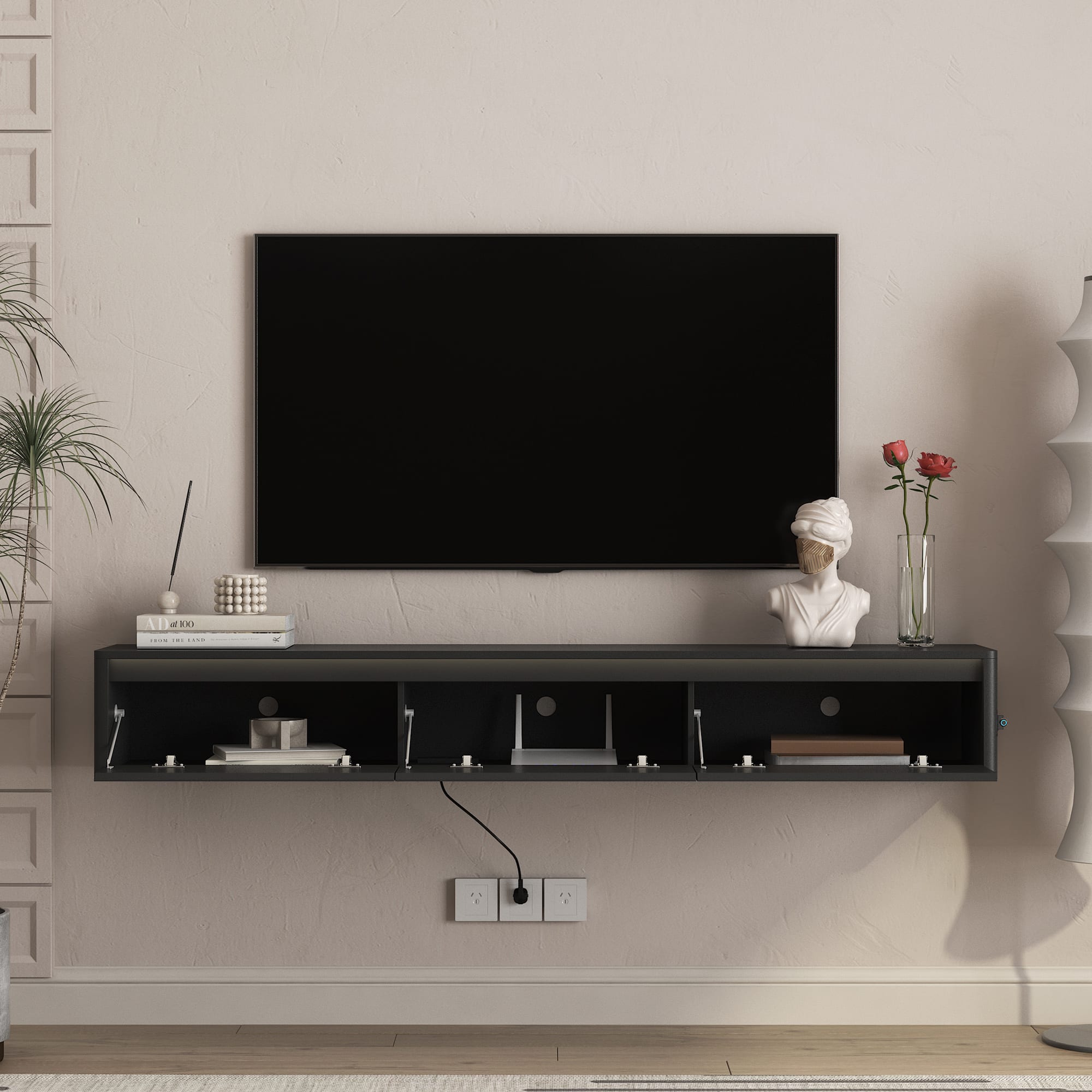 Floating TV Stand, Wall Mounted TV Shelf With Led Lights & Power Outlet,High  TV Cabinet For Black Tv Stands For Living Room view 4