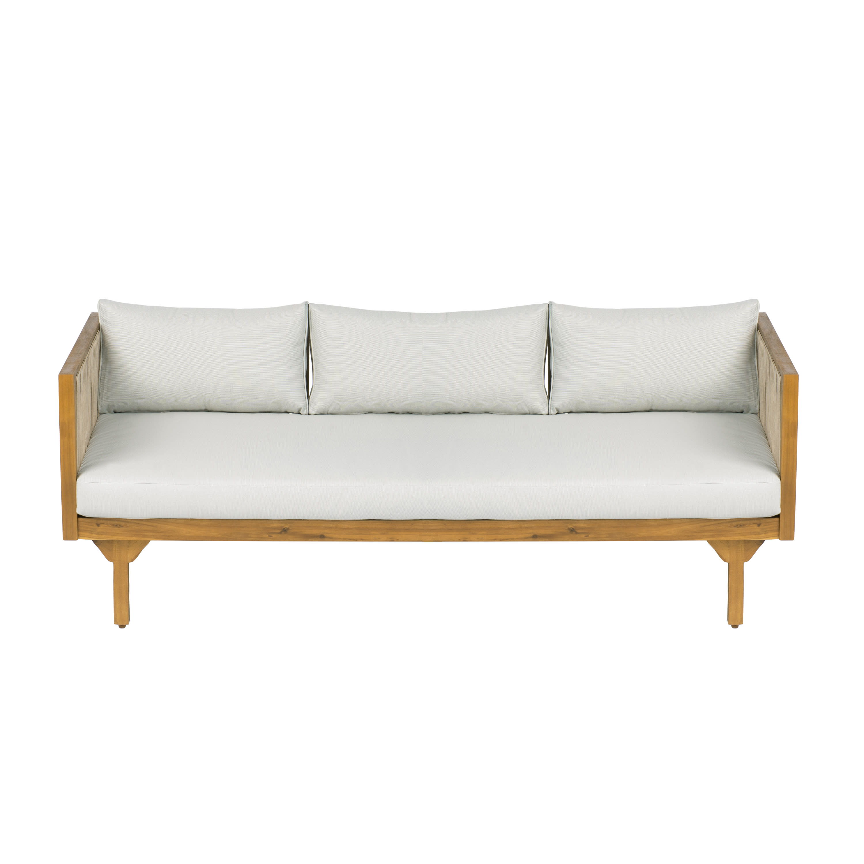 Outdoor Patio Sofa With Light Gray Cushion & Light Brown Rope, Acacia Wood Teak Finish, Water Resistant Fabric, 600 Lbs Capacity, For Garden, Deck, Or Backyard view 3
