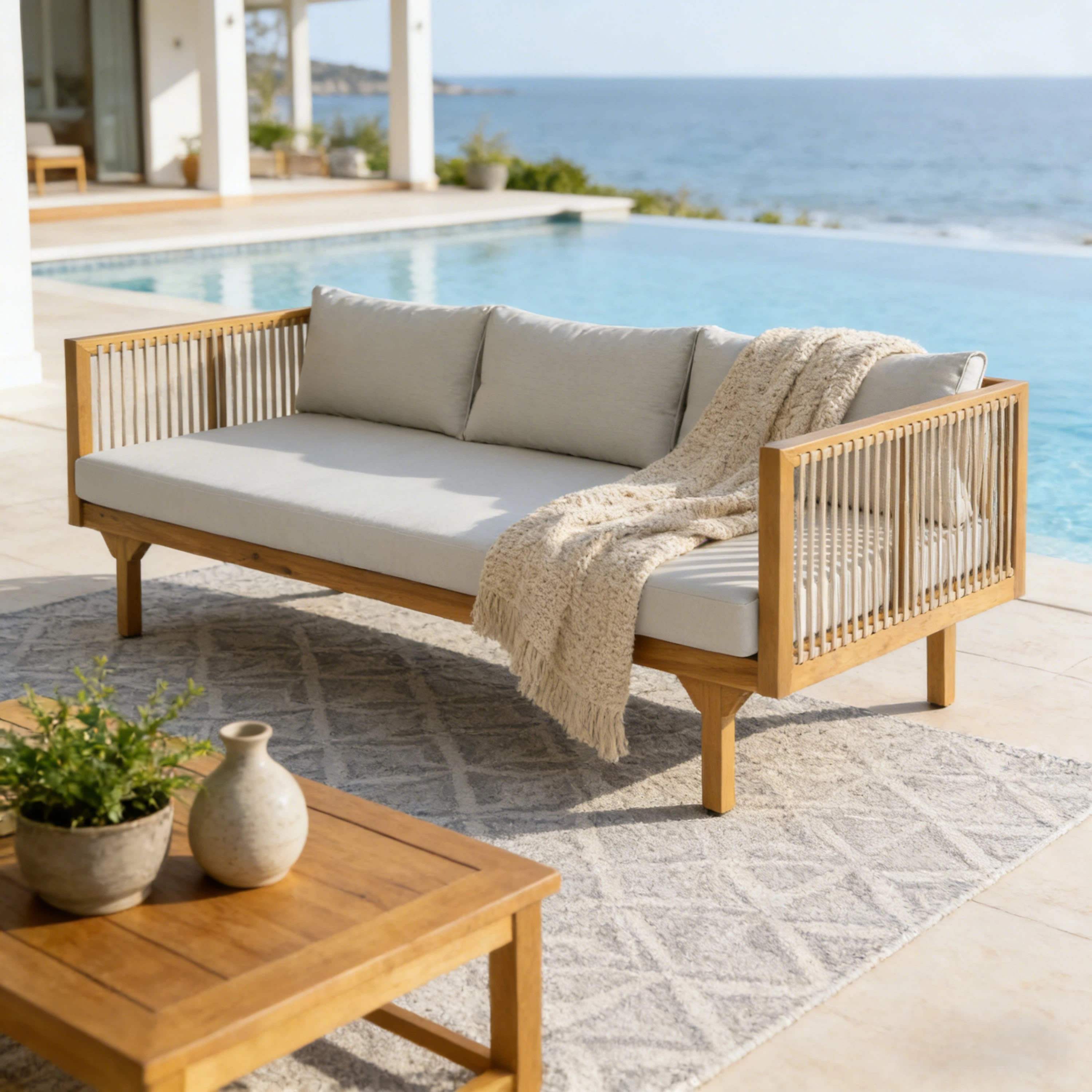 Outdoor Patio Sofa With Light Gray Cushion & Light Brown Rope, Acacia Wood Teak Finish, Water Resistant Fabric, 600 Lbs Capacity, For Garden, Deck, Or Backyard view 4